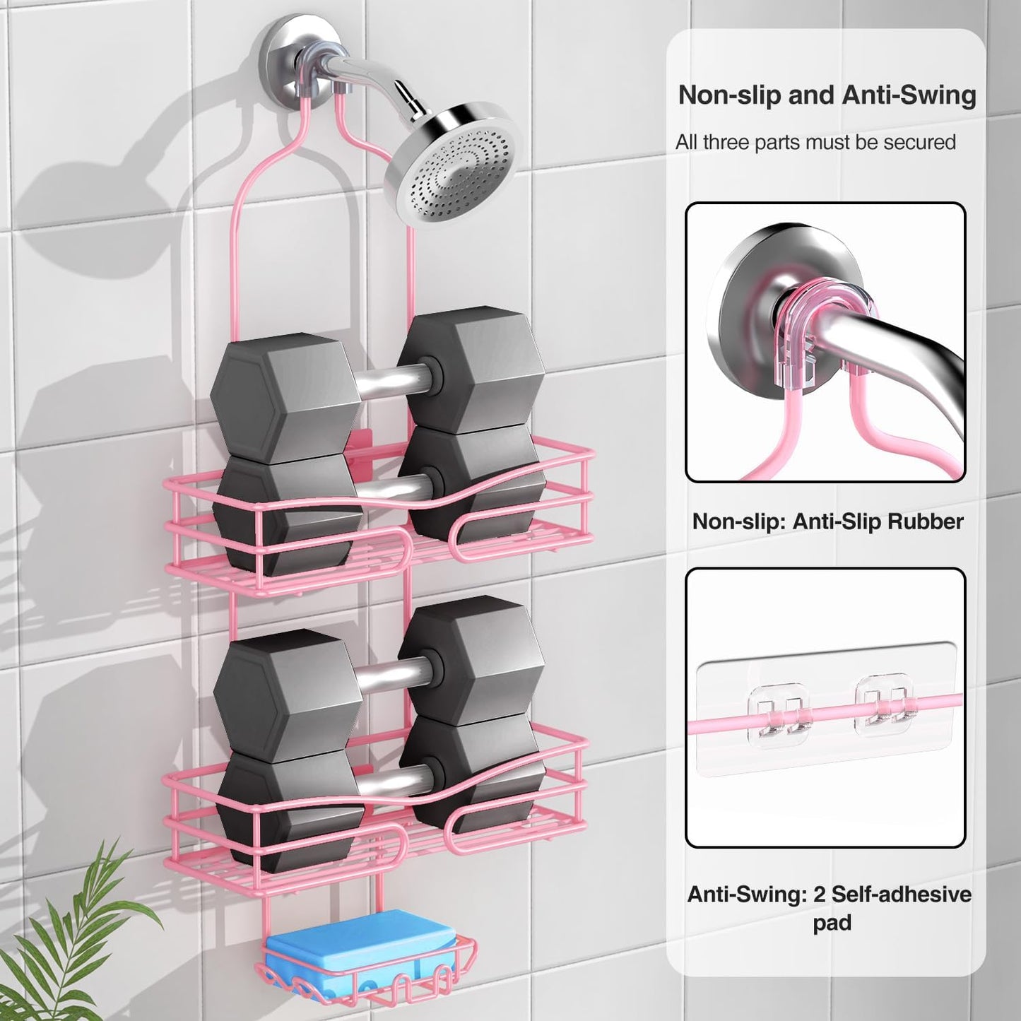 Over the Shower Head Caddy Pink - Shower Caddy Hanging with 3 Soap Holders, Stainless Steel Bathroom Organizer and Storage, Rustproof