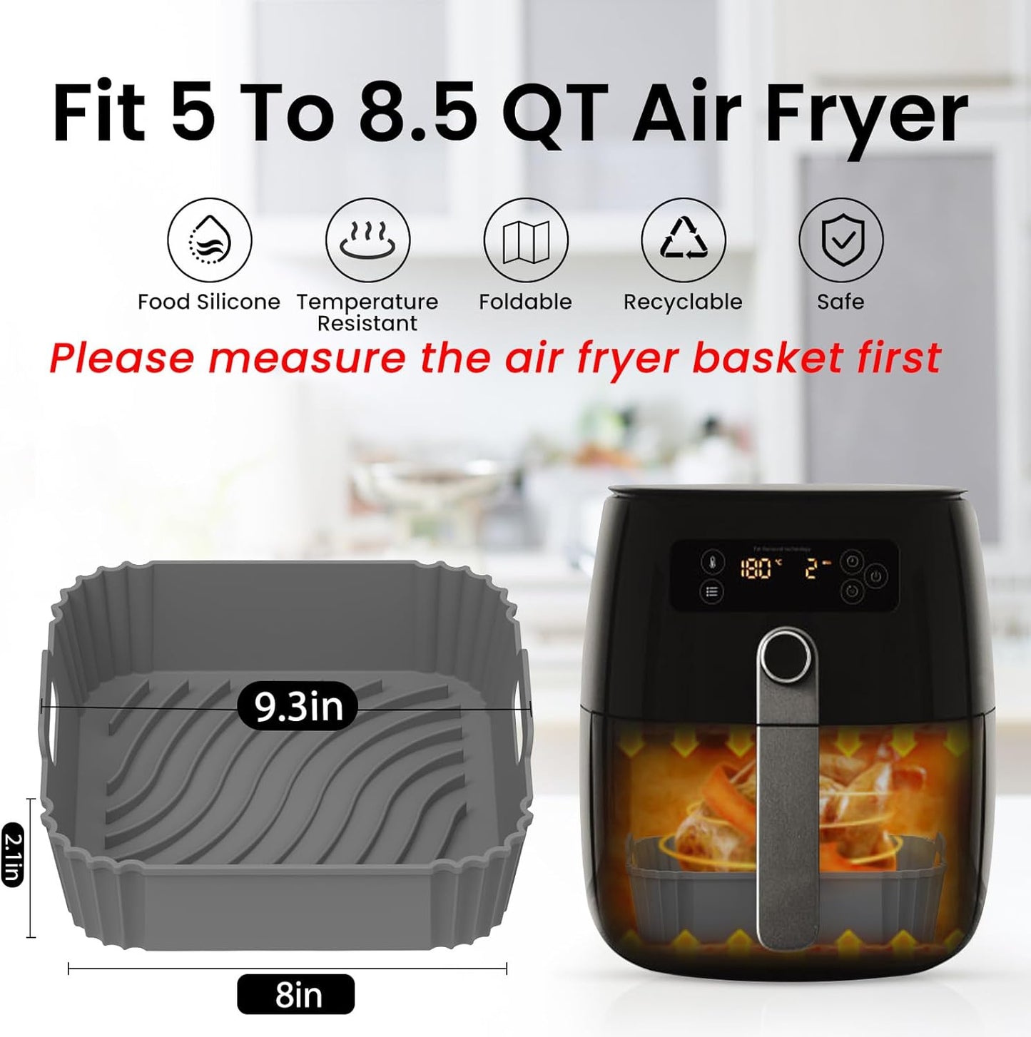 Redfly 2 Pack Silicone Air Fryer Liners, Square Reusable Non-Stick Basket Inserts for 6-8 QT Air Fryers, Dishwasher Safe Parchment Paper Replacement Accessories Gray & Black