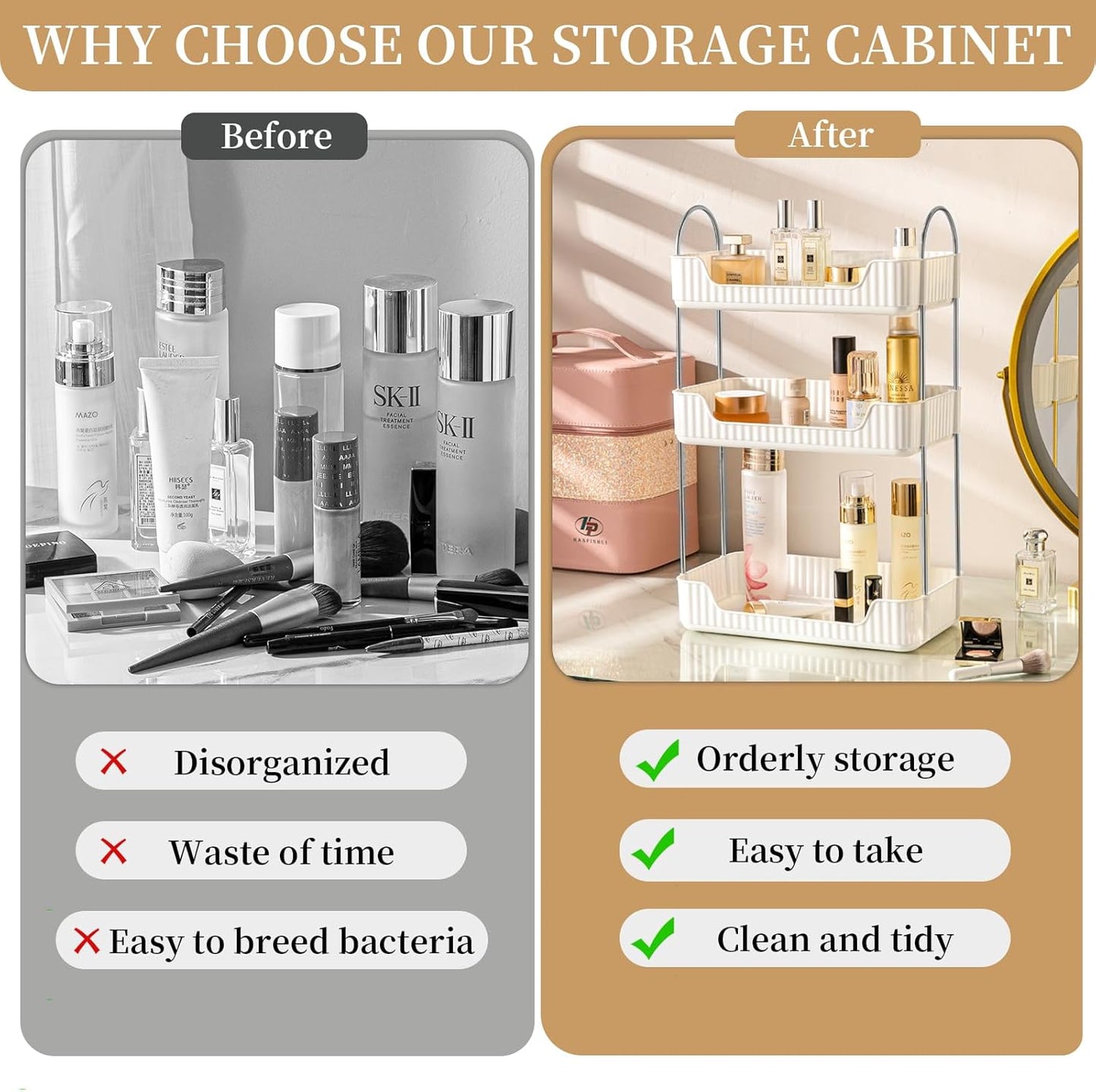 Bathroom Counter Cosmetic Organizer, 3 Tier-Cream White, Alloy Steel & PET Plastic, Rectangular, Tiered, Perfect for Toiletries & Cosmetics