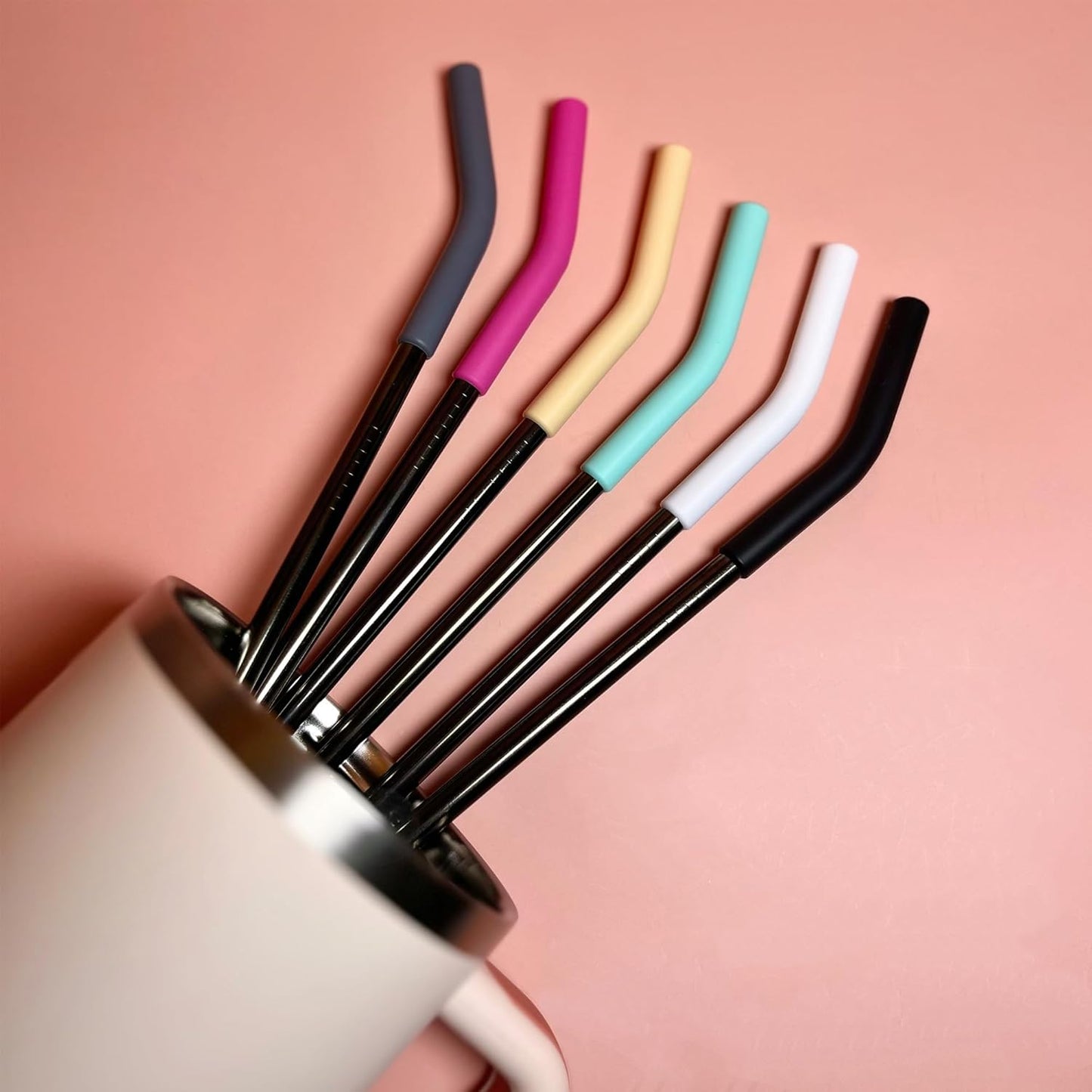 6 PCS 12Inch Metal Stainless Steel Reusable Straight Straw,with 6 Silicone Flex Tips and 2 Cleaning Brush,for 40oz Stanley, Hydrapeak, Owala Tumbler,Simple Modern 32 40oz Tumbler(8mm 3B3S)