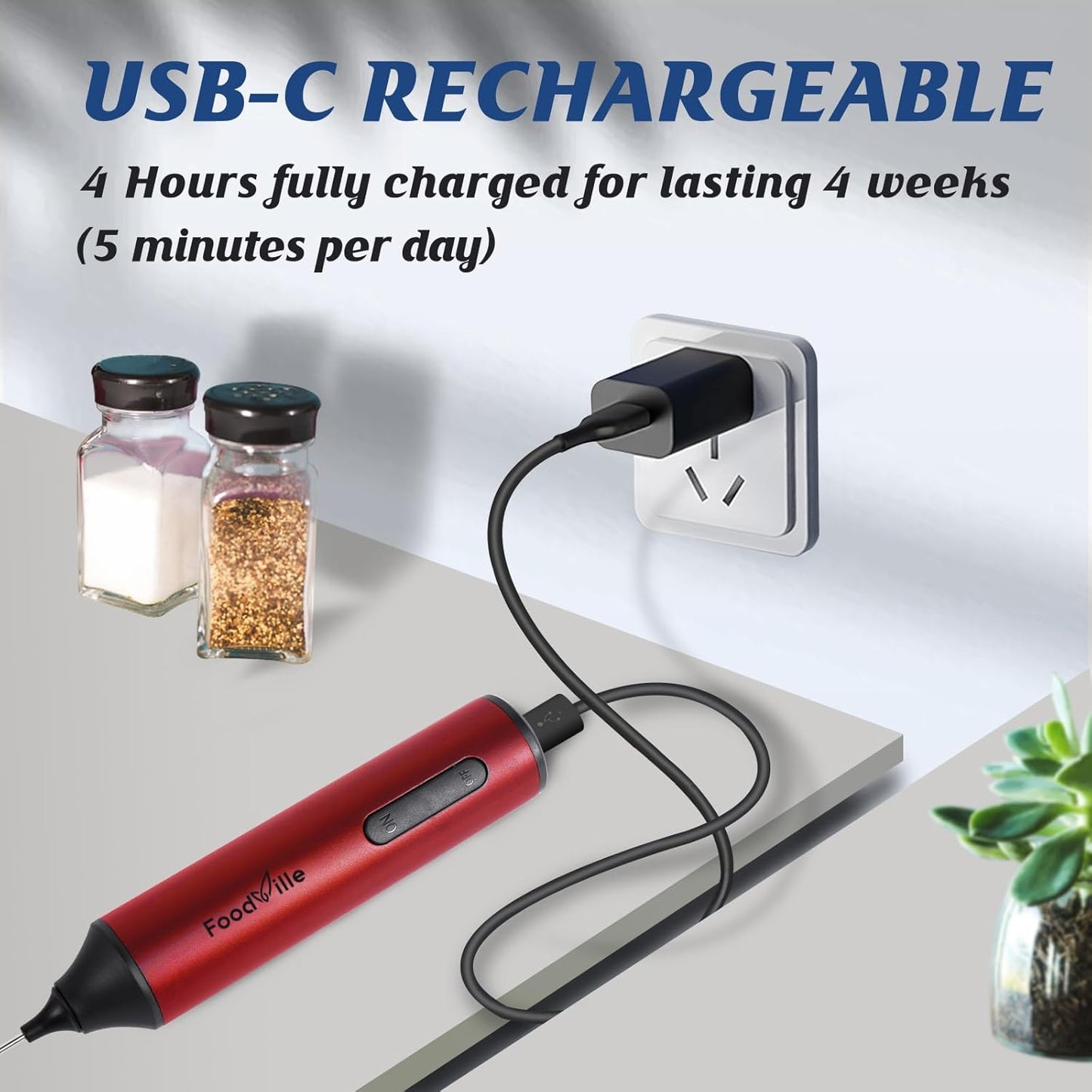 MF05 Rechargeable Milk Frother USB Charging Handheld Foam Maker with Stainless Balloon Whisk for Cappuccino, Latte, Bulletproof Coffee, Keto Diet, Protein Powder, Matcha (Red)