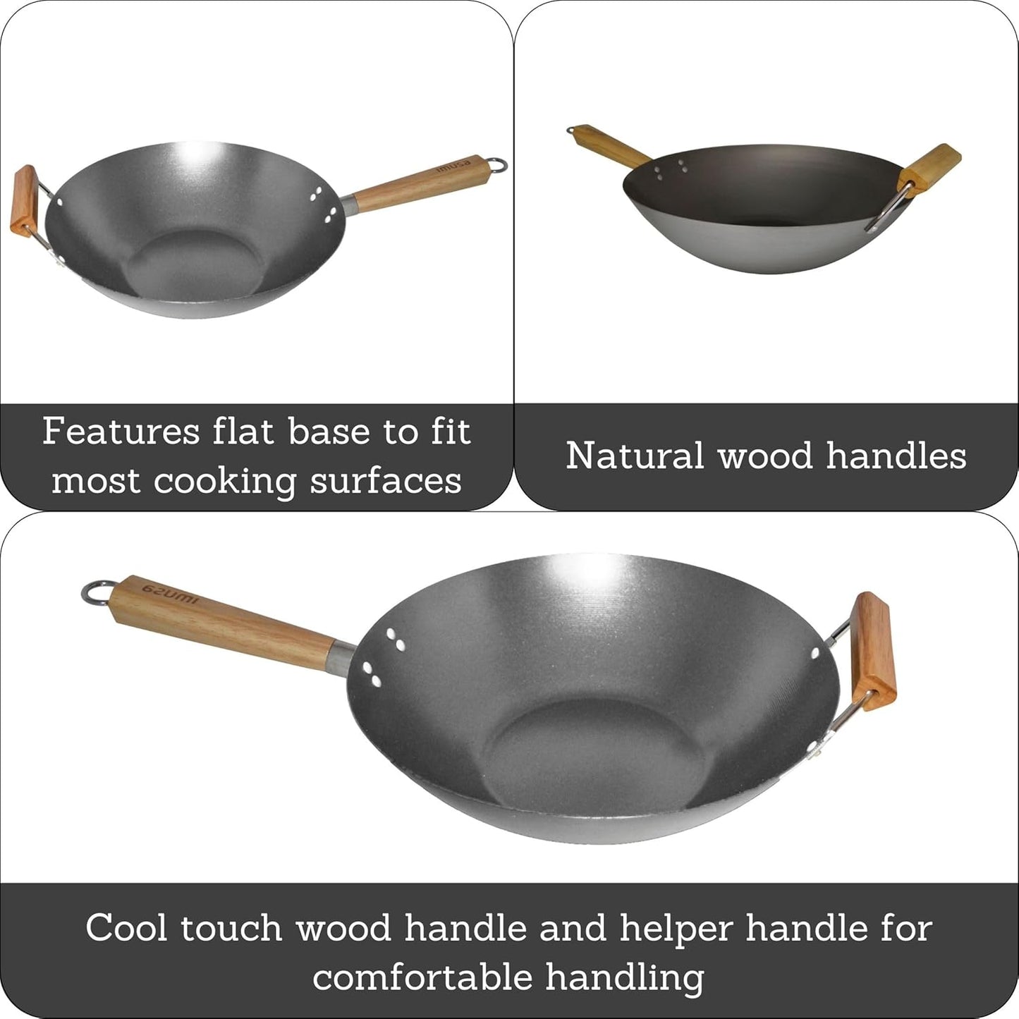 Imusa 14in Carbon Steel Wok with Wood Handles