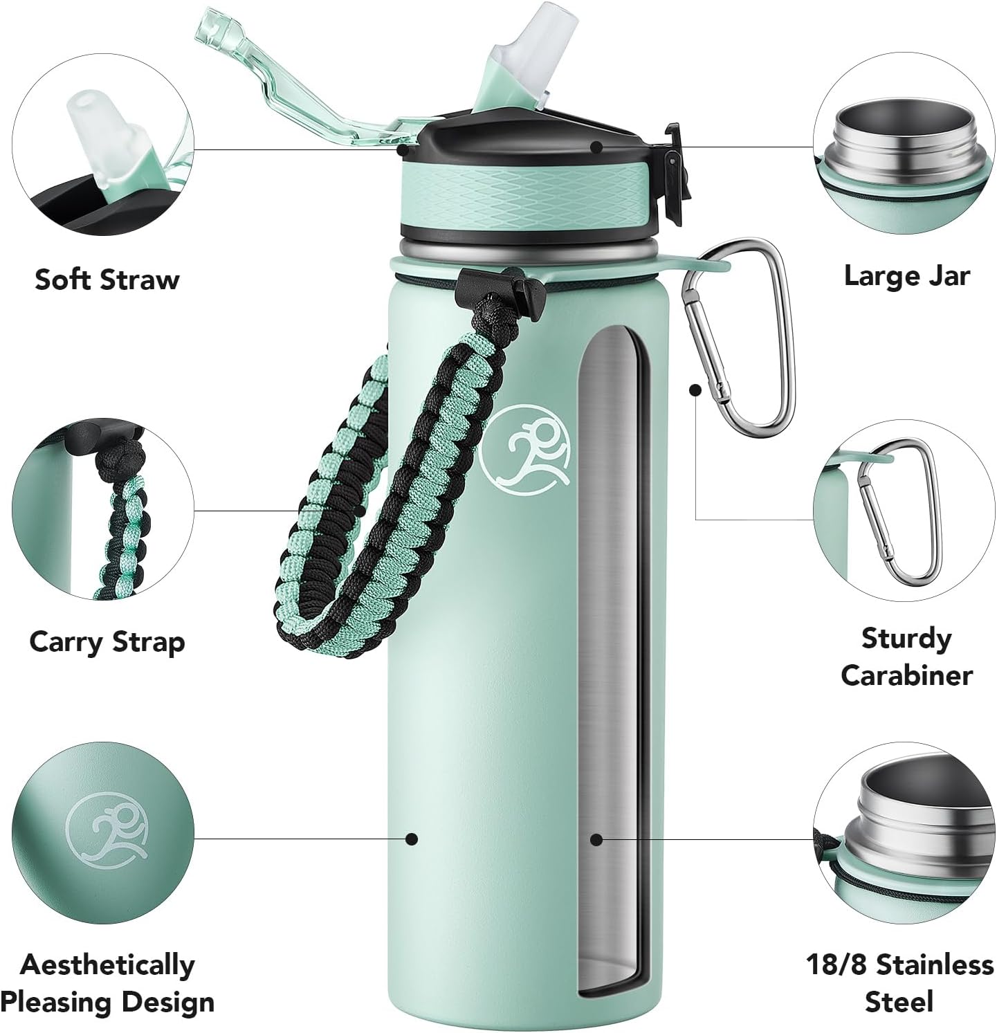 GOSWAG Insulated Sports Water Bottle, 24oz 2 Lids(with Straw/No Straw), Stainless Steel Water Bottles with Paracord Handle, Insulated Bottle with Double-Wall Vacuum Insulation