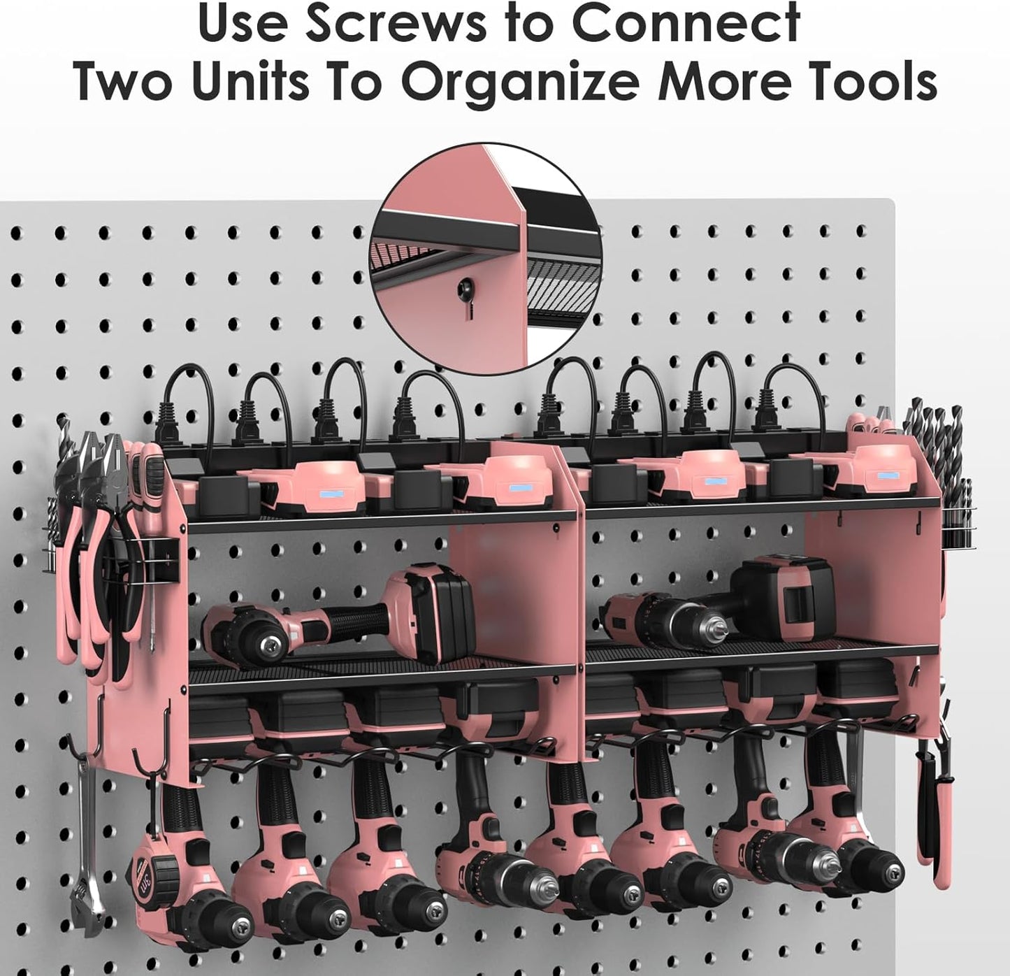 CCCEI Modular Power Tool Organizer Wall Mount with Charging Station. Garage Drill Storage Shelf with Hooks, Heavy Duty Rack, Tool Battery Holder Built in 8 Outlet. Gift for Men. Pink, 1 Pack.