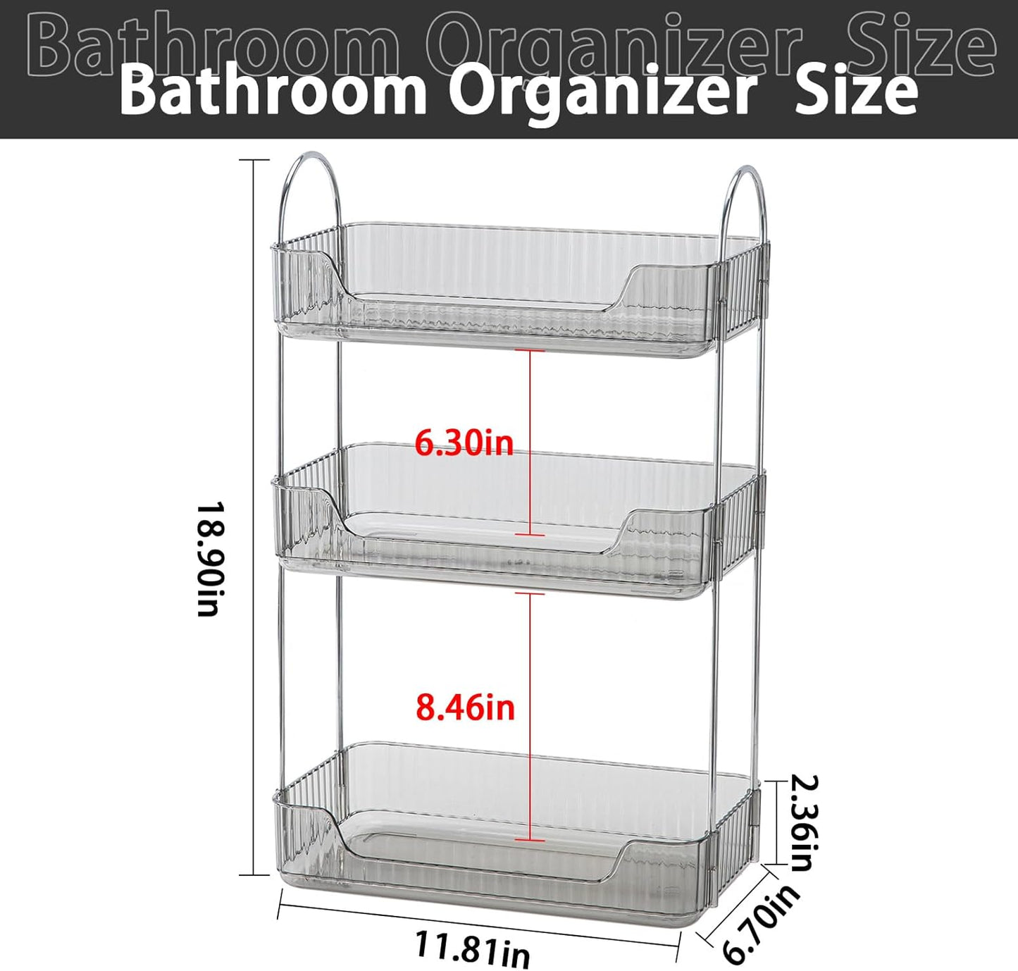 3-Tier Gray Countertop Storage - Bathroom & Kitchen Organizer, Cosmetics & Makeup Shelf, Spice Rack