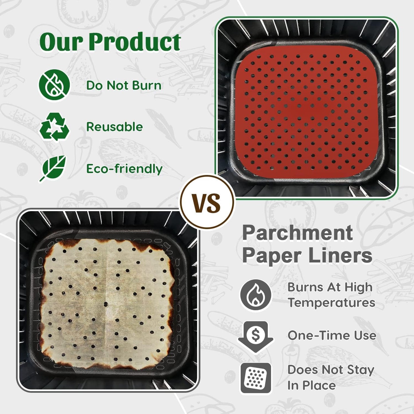 Reusable Square Silicone Air Fryer Liners (8.5 Inch, 3 Pack) by Linda’s Essentials - Non-Stick, Easy-Clean Accessories with Cheat Sheet & Recipe Book, Perfect for Quick Meals