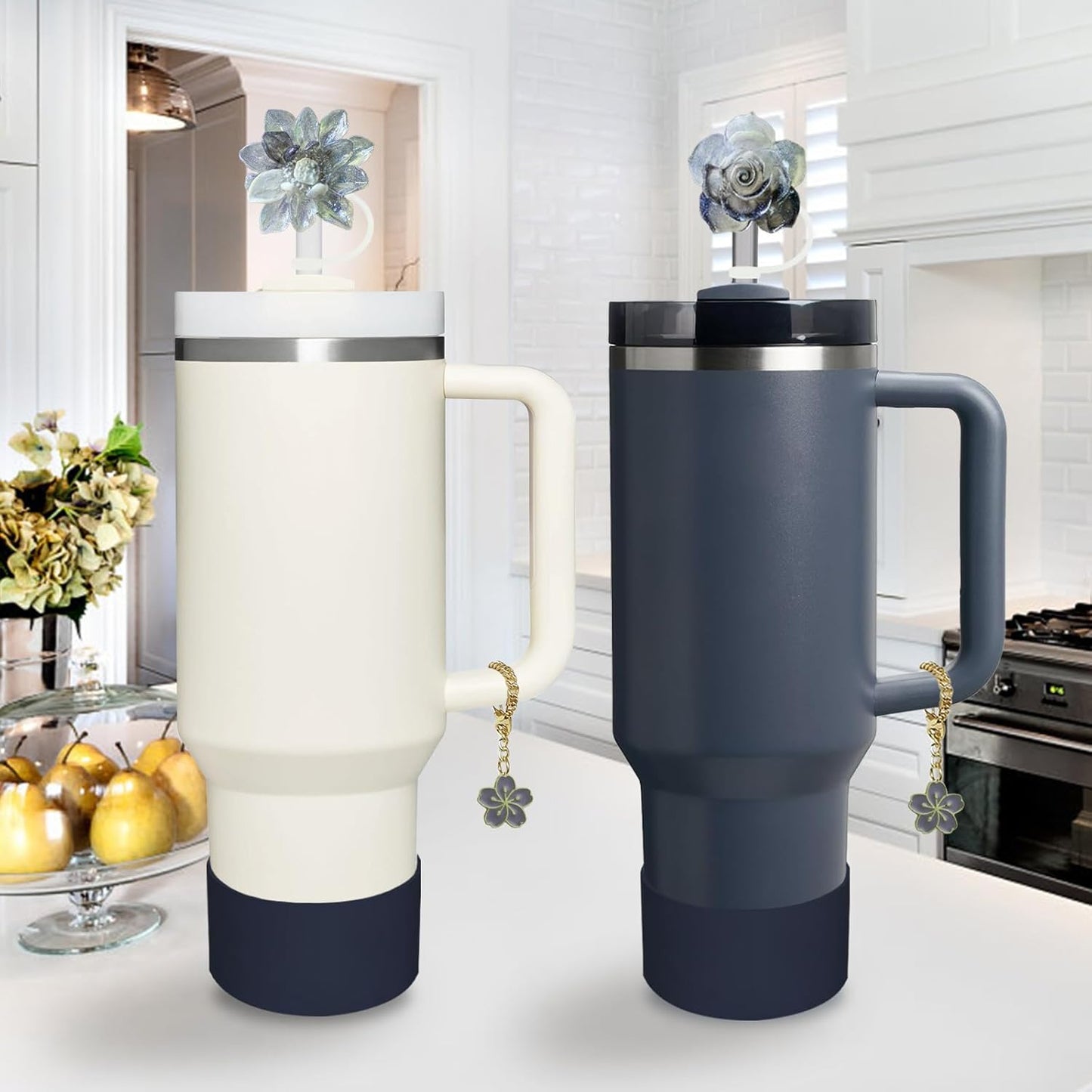 Stanley Cup Accessories Set,Including 2 Pcs 0.4in Straw Cover, 1 Silicone Spill-Proof Stopper Set of 3, 1 Cute Flower Handle Charm, 1 Silicone Boot Fits Stanley 40&30 Oz Tumbler (Twilight)