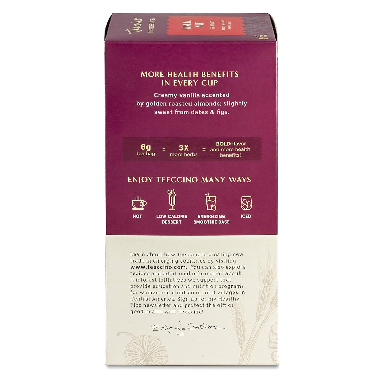 Teeccino Vanilla Nut Herbal Tea, 25 Tea Bags - Rich & Roasted Herbal Tea That’s Caffeine Free & Prebiotic for Natural Energy, 3X more Herbs, Acid Free, Great Hot or Iced