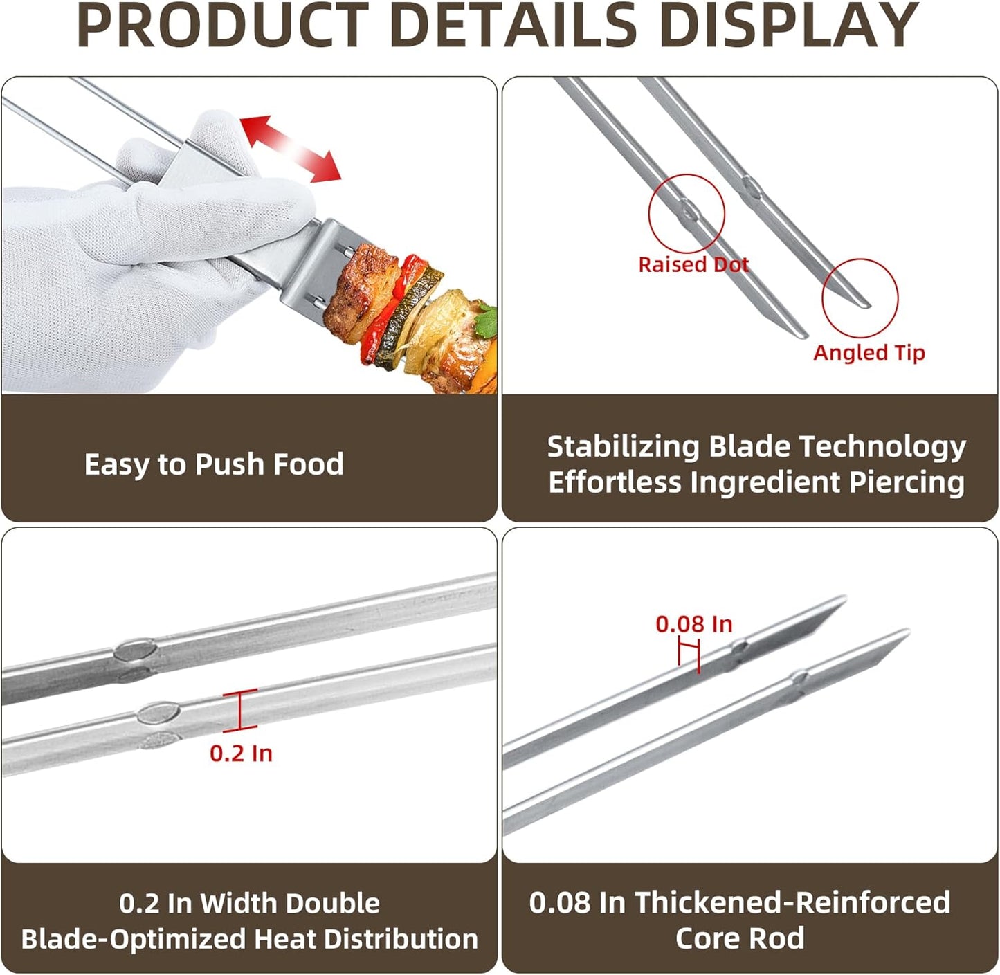 Skewers for Grilling, 17inch （6PCS）Double Fork Flat Stainless Steel Kabob Skewers with Slider, Reusable Metal BBQ Skewer for Meat, Vegetable, BBQ Accessories