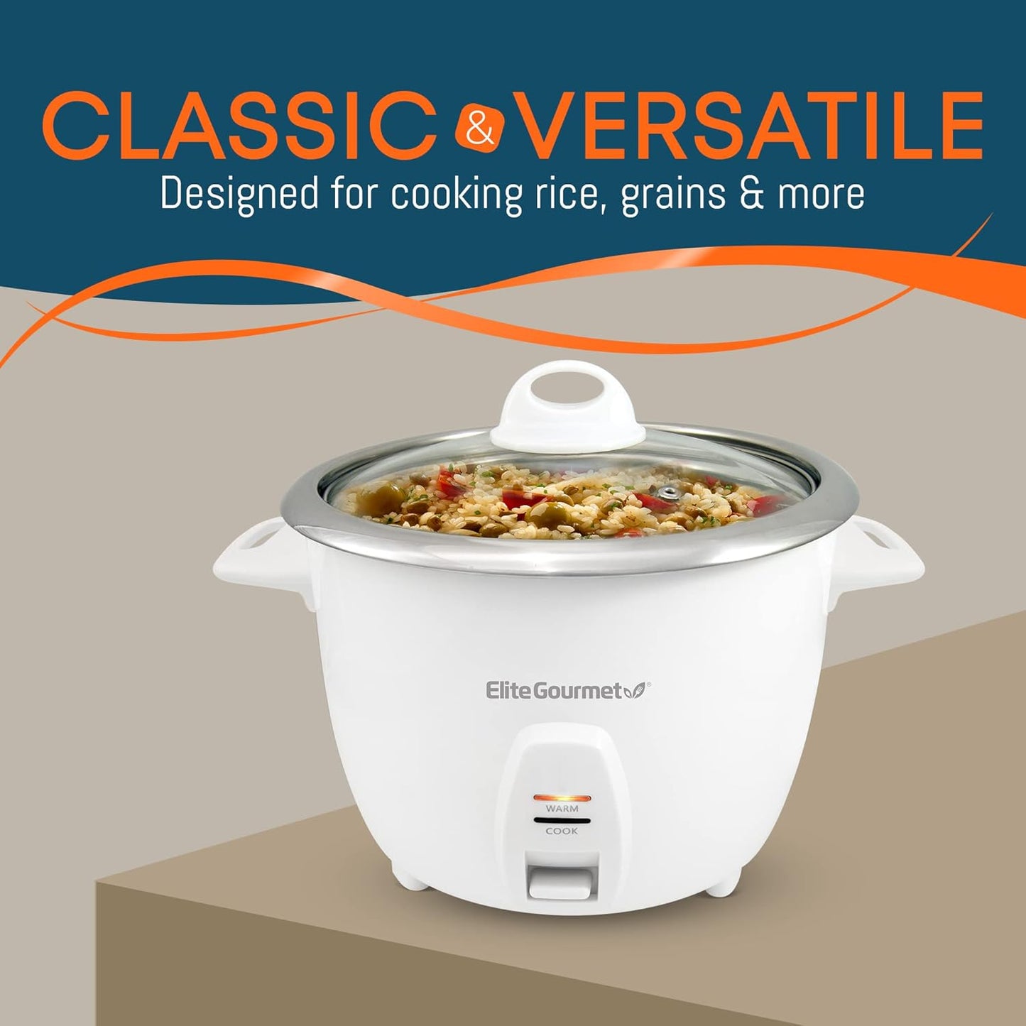 Elite Gourmet ERC-2010 Electric Rice Cooker with Stainless Steel Inner Pot Makes Soups, Stews, Grains, Cereals, Keep Warm Feature, 10 Cooked (5 Cups Uncooked), White