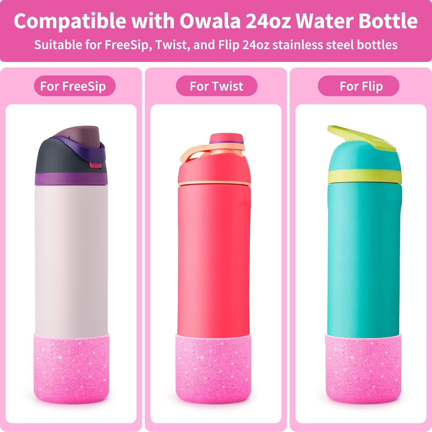 Silicone Boot for Owala 24 oz Water Bottles, Anti-Slip Protective Sleeve Bottom Protector for Owala Twist & FreeSip & Flip Stainless Steel Water Bottle (Glitter Rose Red)