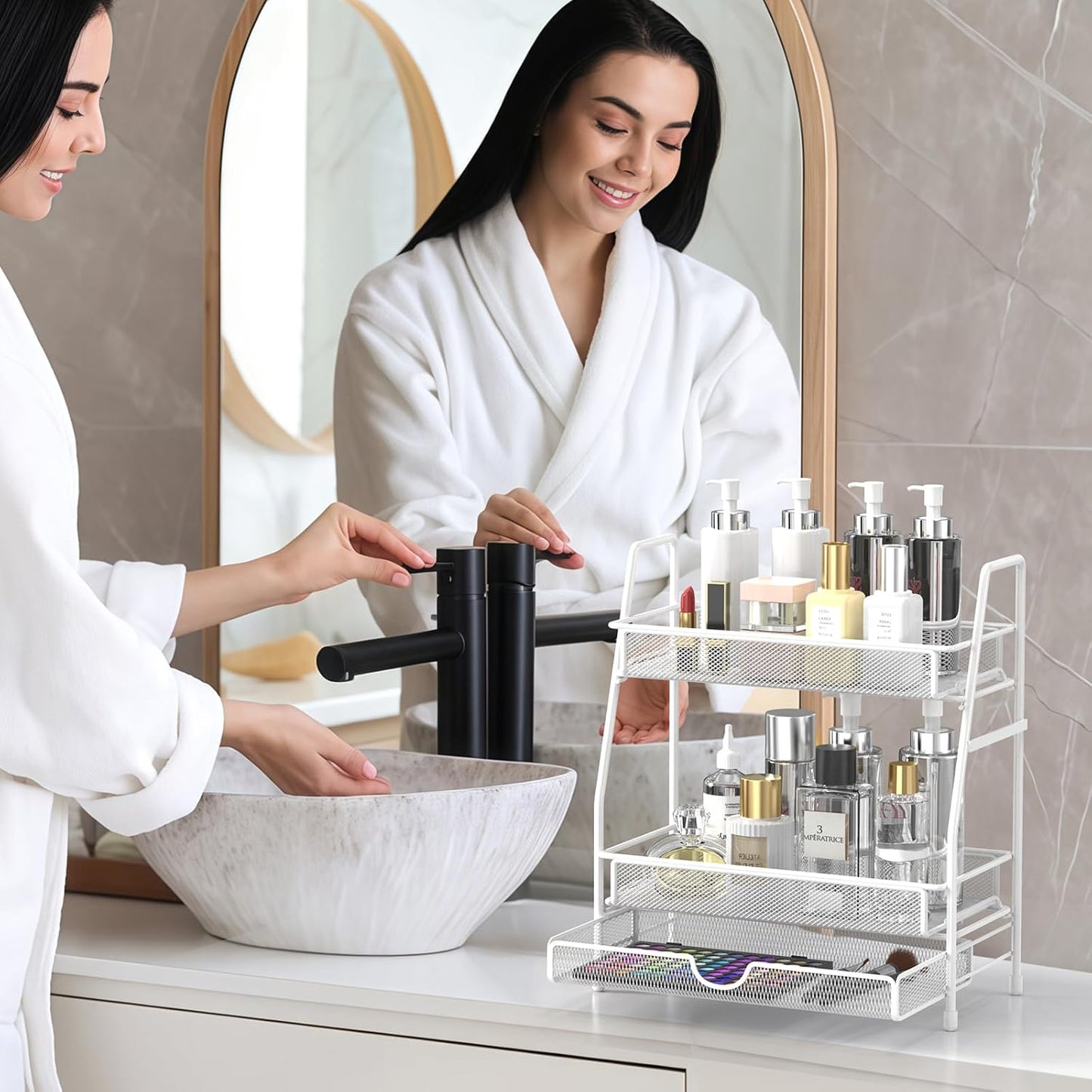 LEMIKKLE 2-Tier Bathroom Counter Organizer with Drawers, Multi-Purpose Makeup Organizer Countertop, Large Skincare Organizers, Exquisite Vanity Shelf