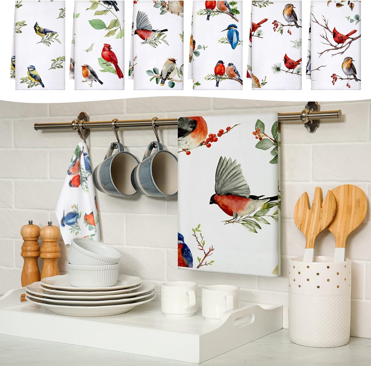 Set of 6 Birds Kitchen Towels Hummingbird Tea Towels Absorbent Dish Towels Birds on Branch 24 x 16 Inches Kitchen Gifts Cardinal Hand Towels Bird Lover Gifts for Farmhouse Kitchen Bathroom Decorations