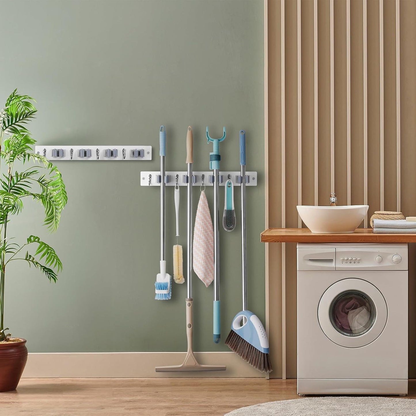 2 Pack Mop Broom Holder Wall Mount - White Wood Broom Mop Hanger - Wall Mounted Garden Tool Rack Organizer for Closet Garage Laundry Room, 4 Slots & 4 Hooks