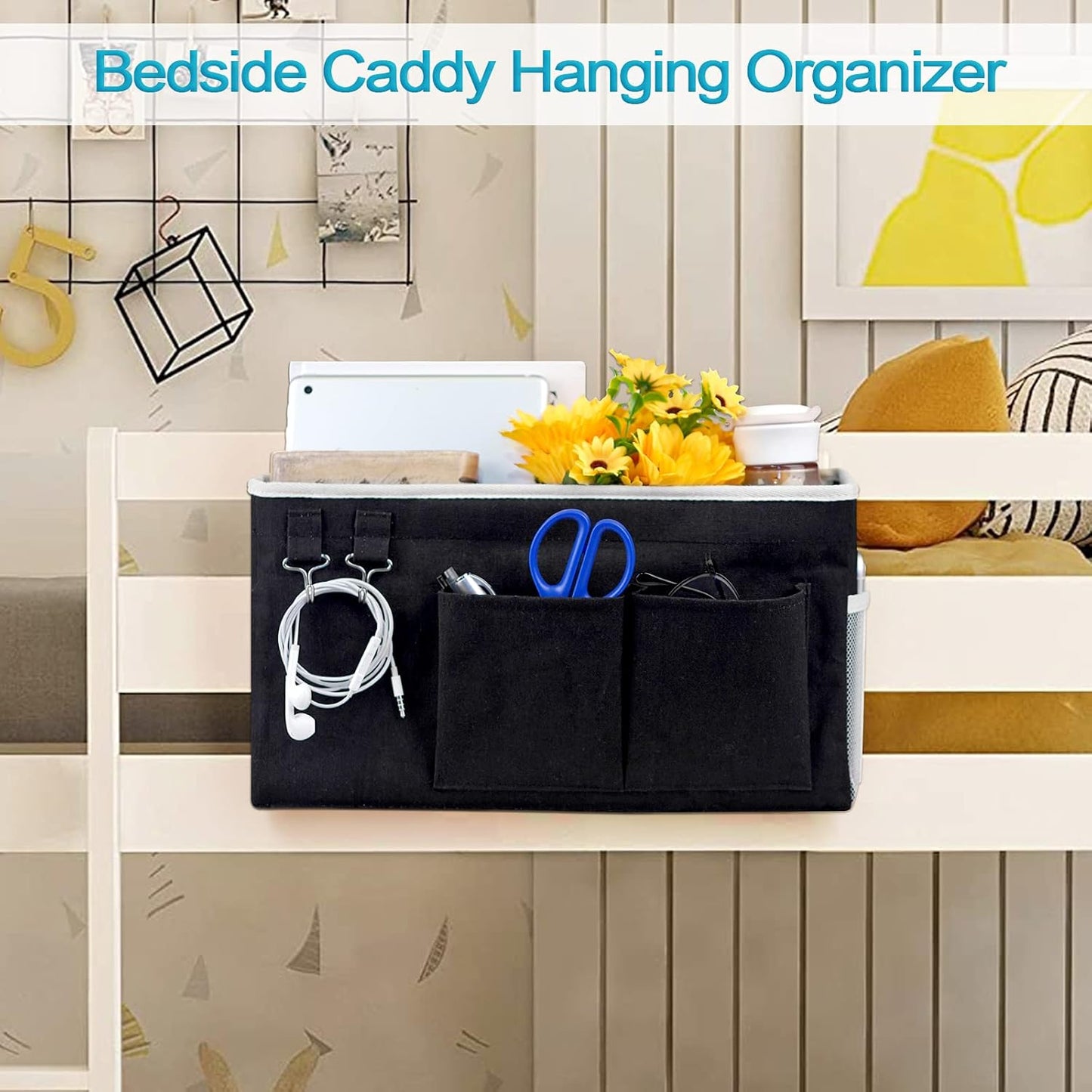 Loghot Bedside Caddy/Bedside Storage Bag Hanging Organizer for Bunk and Hospital Beds,Dorm Rooms Bed Rails,Can be Placed Glasses,Books,Mobile Phones,Keys (2pc Black)
