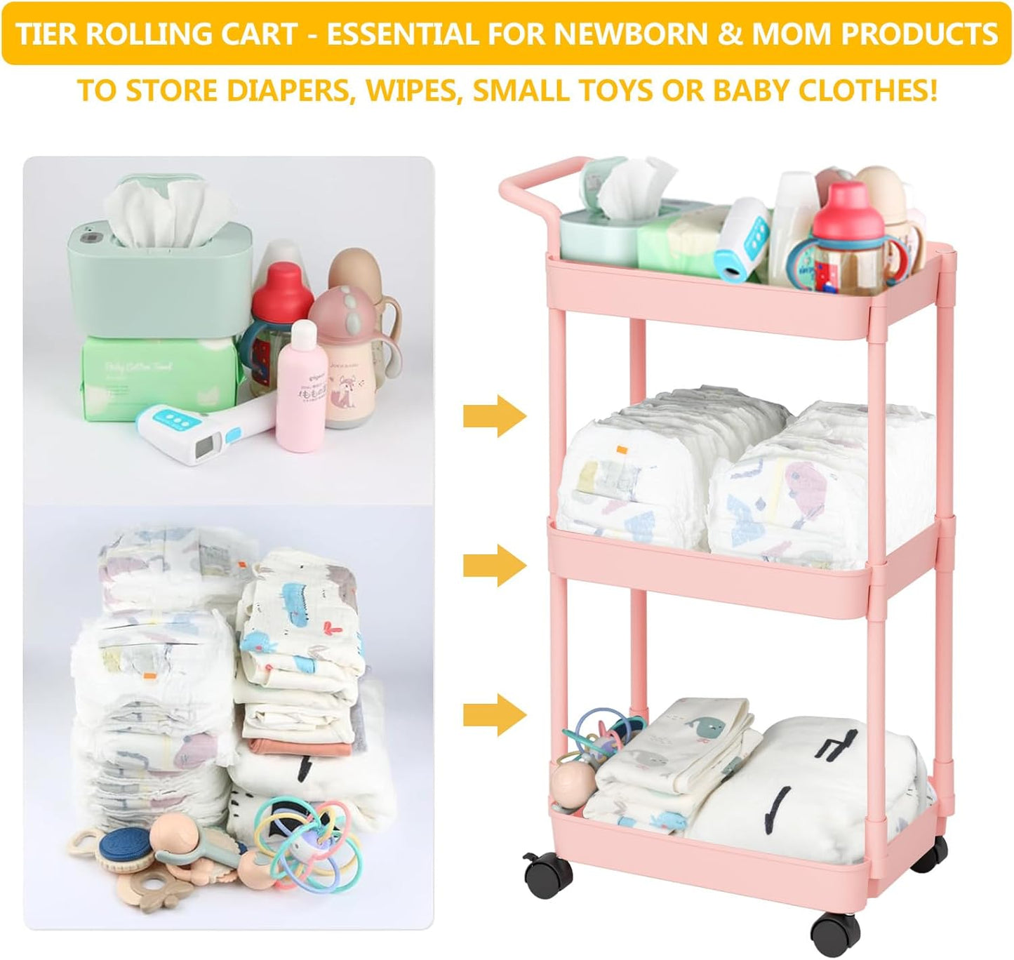 Baby Diaper Caddy – Plastic Diaper Organizer for Nursery Essentials, Movable Cart for Changing Table & Crib, Easy to Assemble, Pink