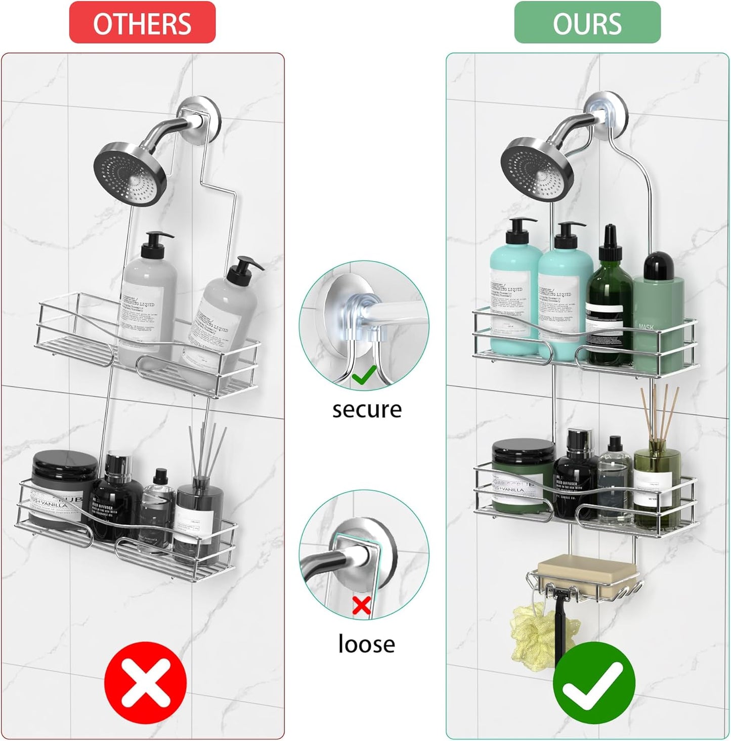 Shower Caddy - Organizer with 6 Hooks, Soap Basket & Self-Adhesive Pad, Silver