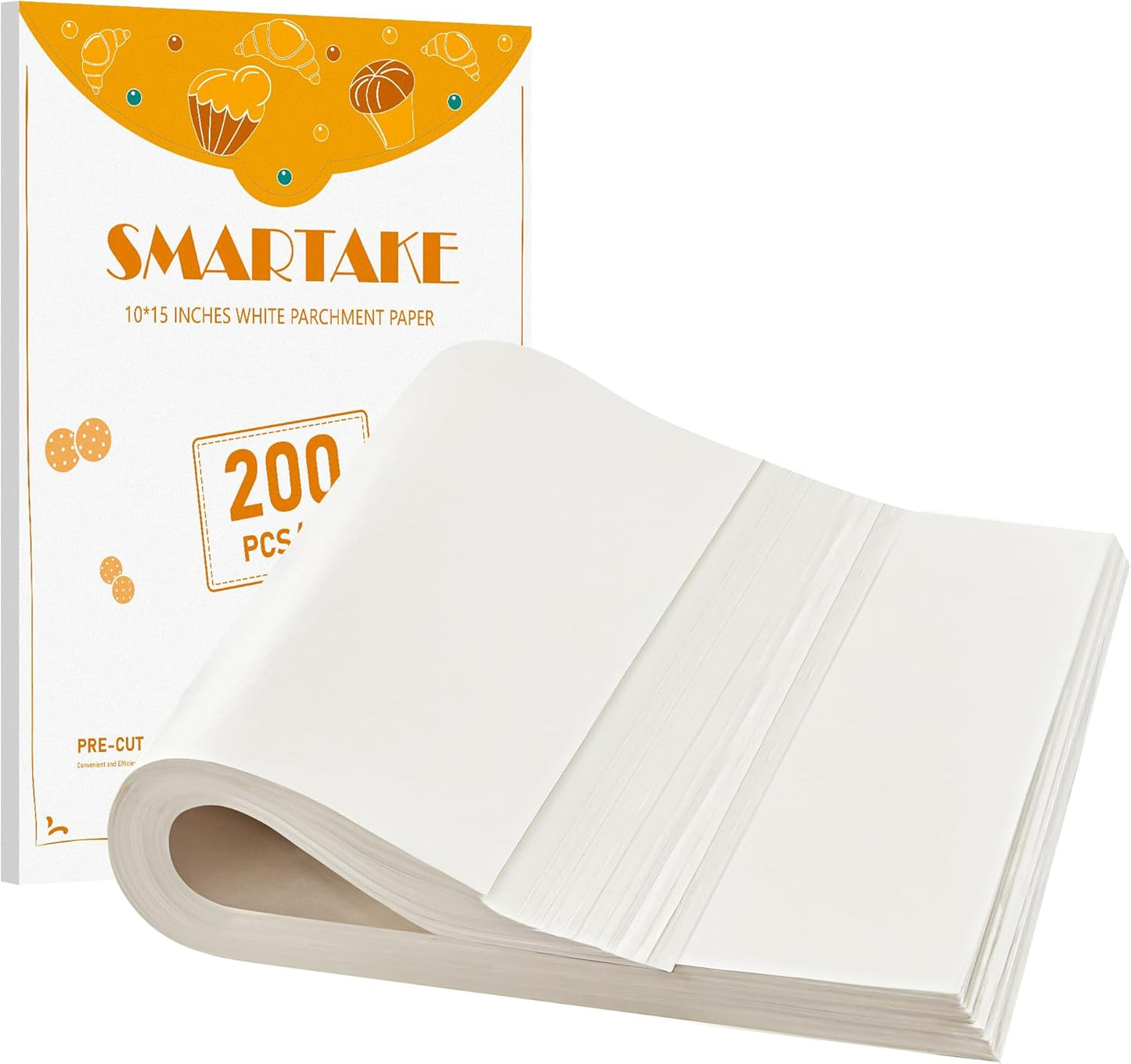 SMARTAKE 200 Pcs Parchment Paper Baking Sheets, 10x15 Inch Non-Stick Precut Baking Parchment, Suitable for Baking Grilling Air Fryer Steaming Bread Cup Cake Cookie and More (White)
