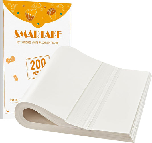 SMARTAKE 200 Pcs Parchment Paper Baking Sheets, 10x15 Inch Non-Stick Precut Baking Parchment, Suitable for Baking Grilling Air Fryer Steaming Bread Cup Cake Cookie and More (White)