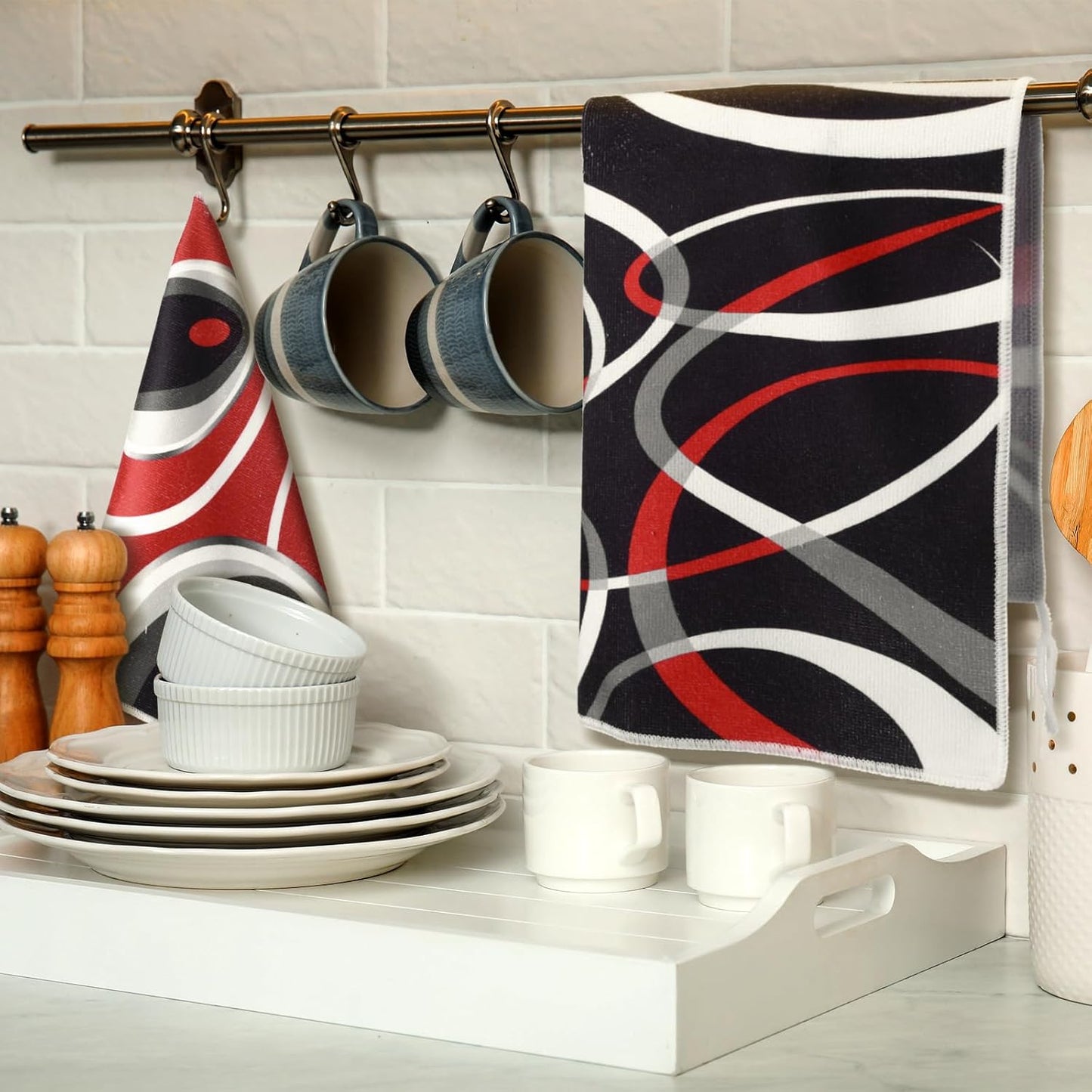 Boyiee Set of 6 Red Black Grey White Kitchen Towels Modern Geometric Dish Hand Towels 24 x 16 Inches Gifts Decorative Tea Cloth Gifts for Farmhouse Kitchen Bathroom Decorations