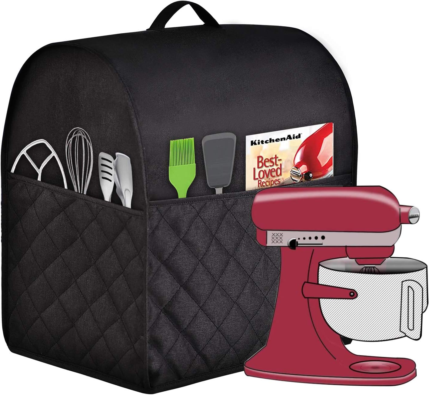 Stand Mixer Dust-proof Cover for KitchenAid Mixer，Multi Pockets for Various Kitchen Appliance Accessories，Water-resistant，Easy Cleaning (Black, Fit for Bowl Lift 5-8 Quart)