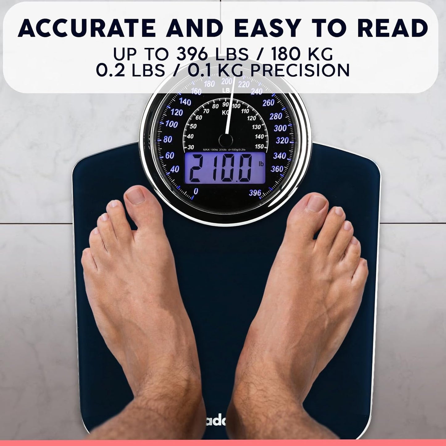 Adamson Hybrid 2-in-1 Analog & Digital Weighing Scale for Body Weight up to 400lbs - Thick Tempered Glass - Extra Large Display - Easy to Read Digital Bathroom Scale - New