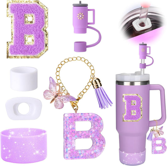 Mity rain 6PCS Cup Accessories Set for Stanley Cup 30oz 40oz tumbler with handle, Including Silicone Straw Topper Cover Cap and Boot, Spill Proof Stopper, Handle Charm, Initials Sticker (Letter B)