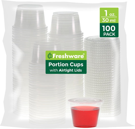 Freshware Plastic Portion Cups with Lids [1 Ounce, 100 Sets] Disposable Plastic Cups for Meal Prep, Salad Dressing, Jellos Shot Cups, Souffle Cups, Condiment and Dipping Sauce Cups