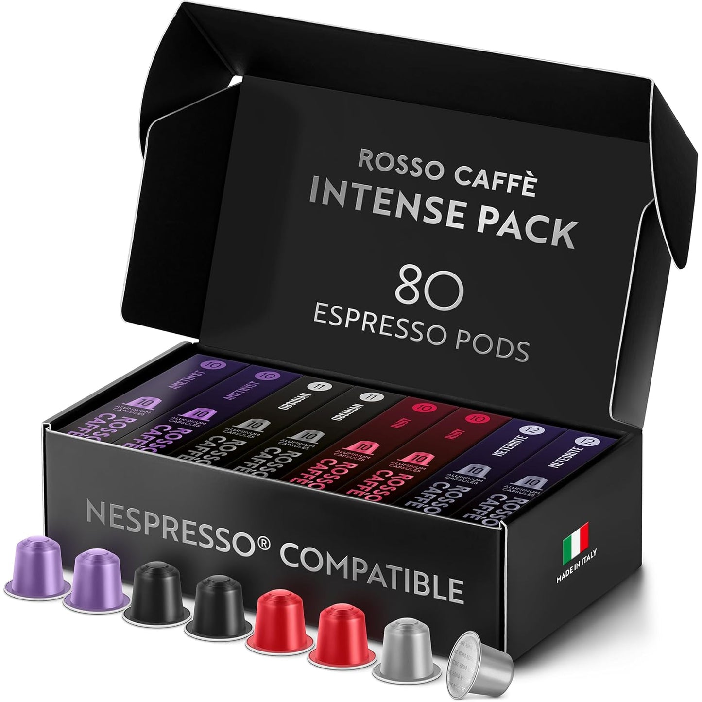 ROSSO CAFFÈ Espresso Coffee Pods for Nespresso Original Machines - 80 Capsules Dark Roast Intense Pack, 4 Strong and Robust Flavors - Made in Italy