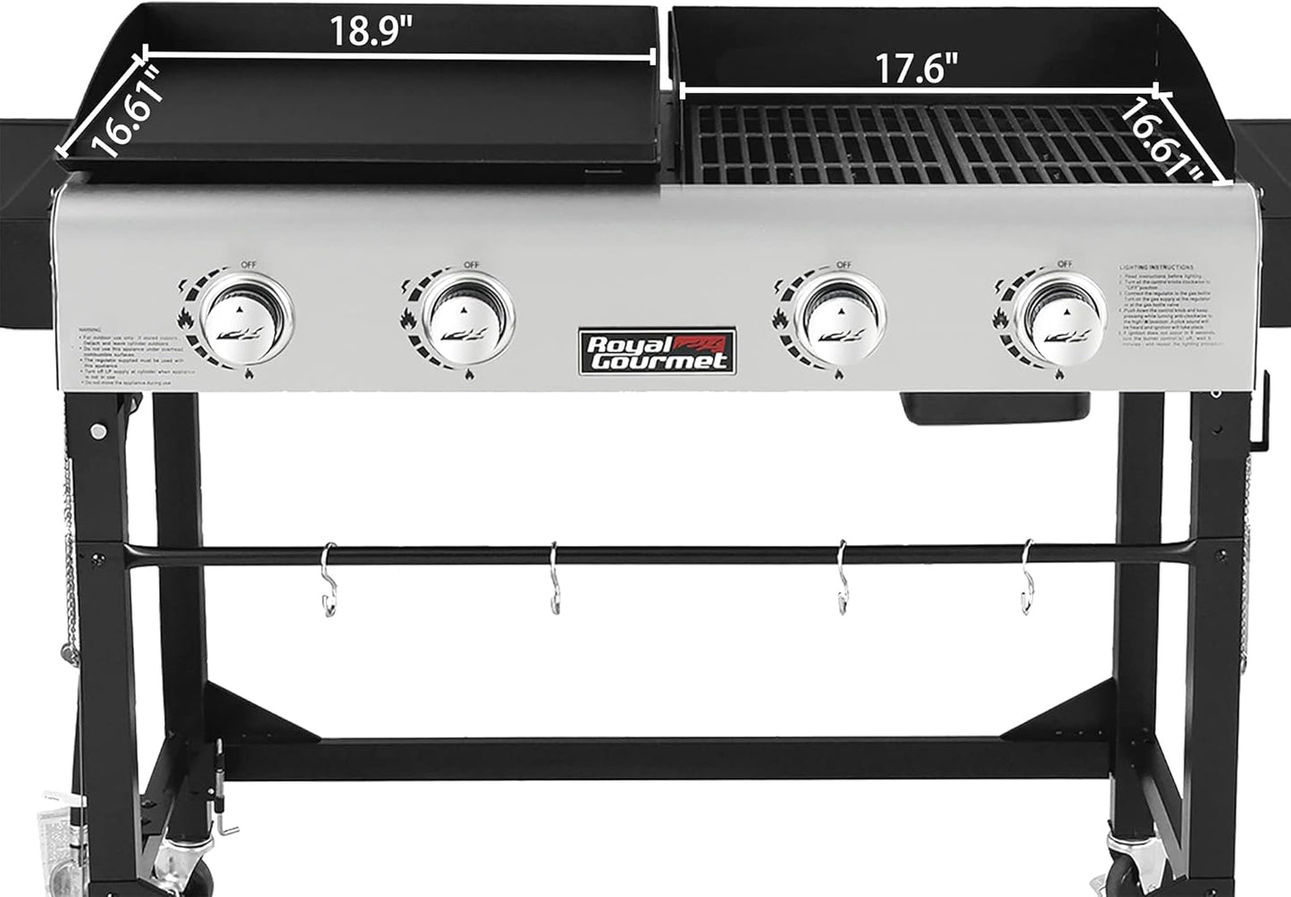 Royal Gourmet GD401C 4-Burner Propane Gas Grill and Griddle Combo with Cover, Griddle Grill Combo with 48,000 BTUs Output for Outdoor Cooking While Camping or Tailgating, Black & Silver