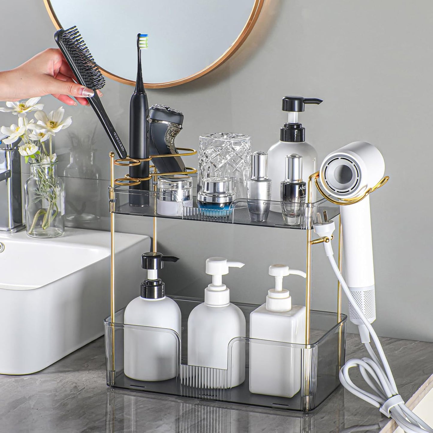 2 Tier Bathroom Counter Organizer with Hair Dryer Holder, Modern Style, Grey