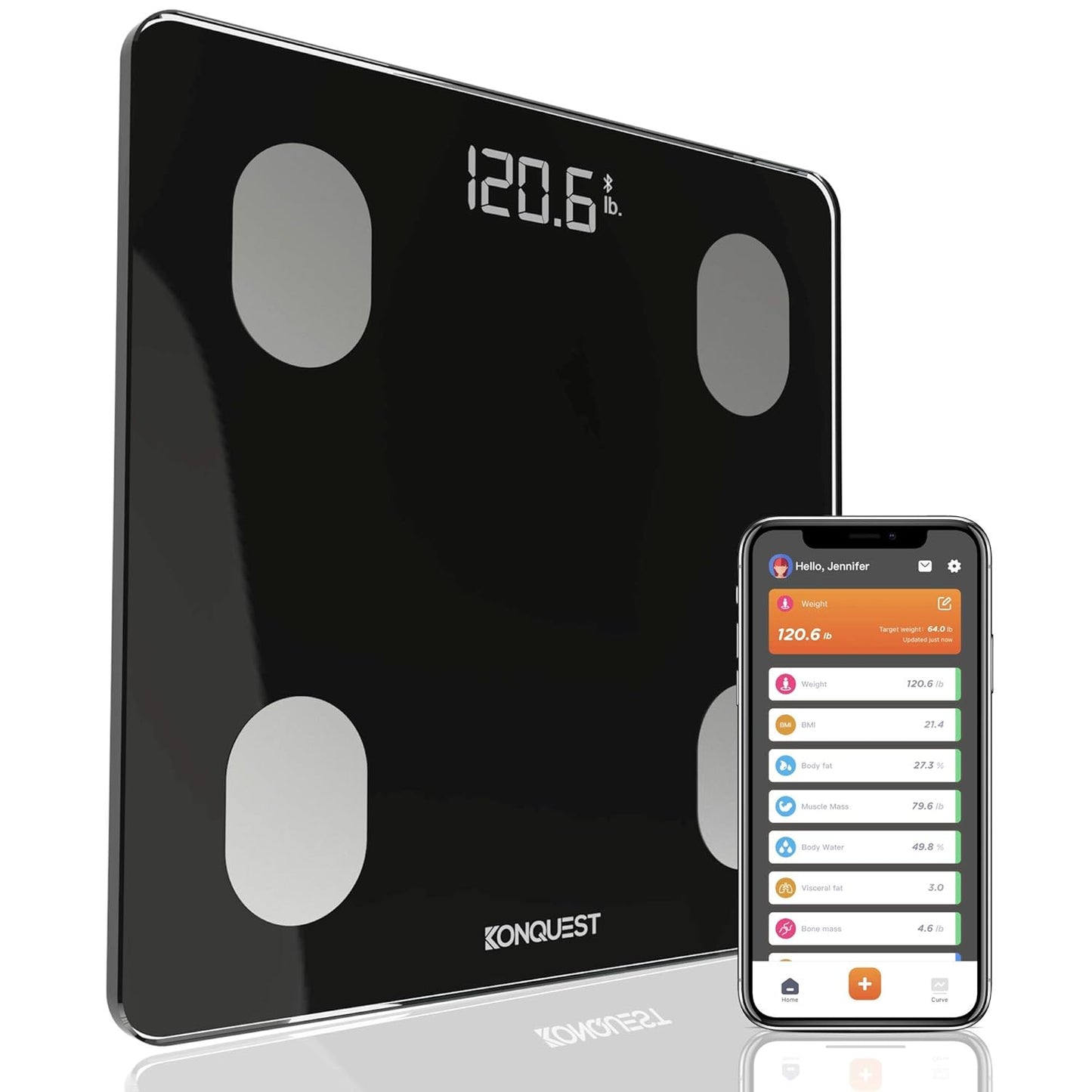 KONQUEST Smart Scale for Body Weight, Digital Bathroom Scale BMI Weighing Bluetooth Body Fat Scale, Body Composition Monitor Health Analyzer with Smartphone App, 400 lbs - Black