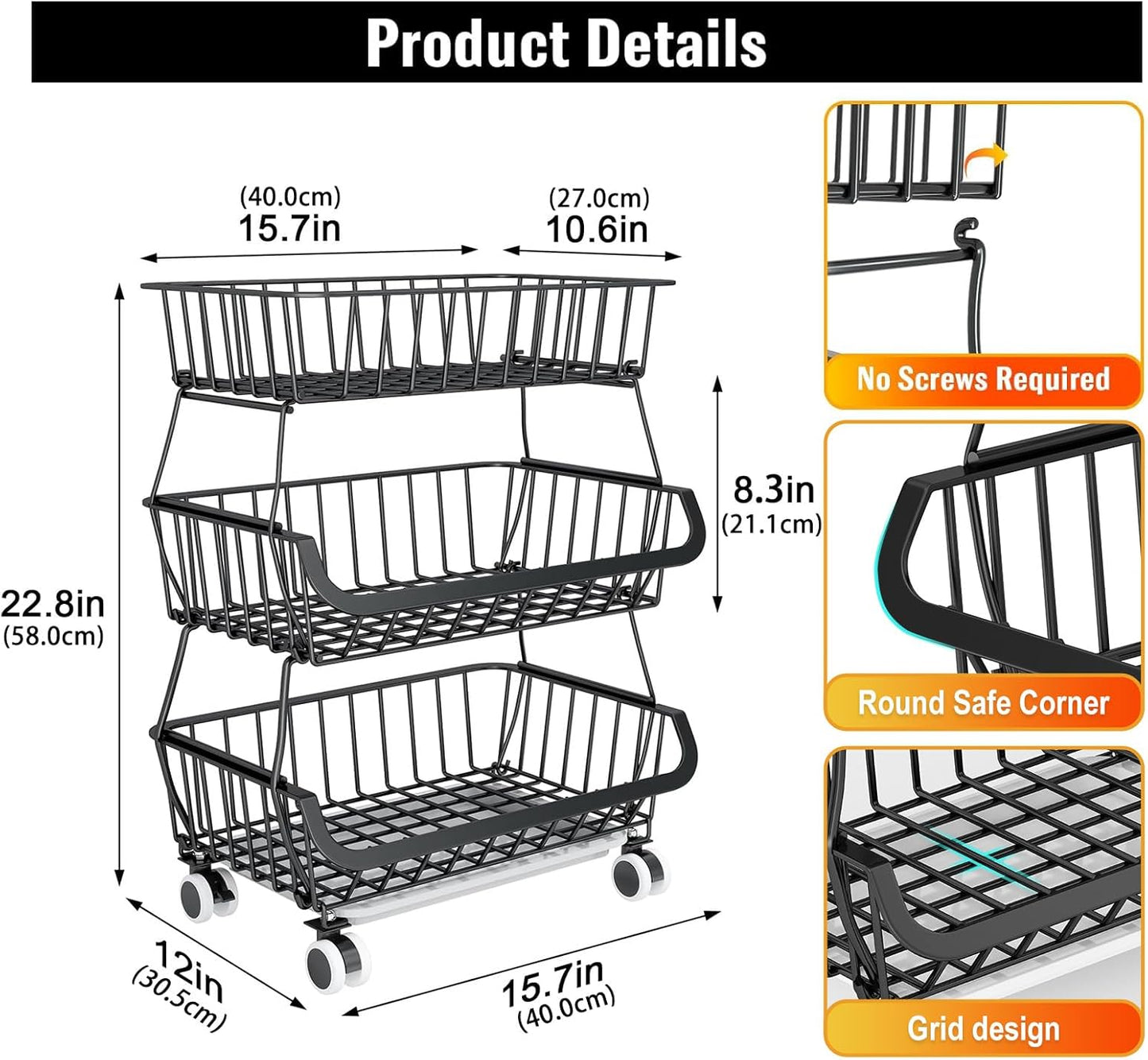 Miyawell 3-Tier Rolling Pantry Cart with Wheels, Stackable Wire Storage Floor Organizer for Kitchen Pantry Snack Shelves, Fruit Basket Stand, Vegetable Storage Rack for Food Snacks Onion Potato