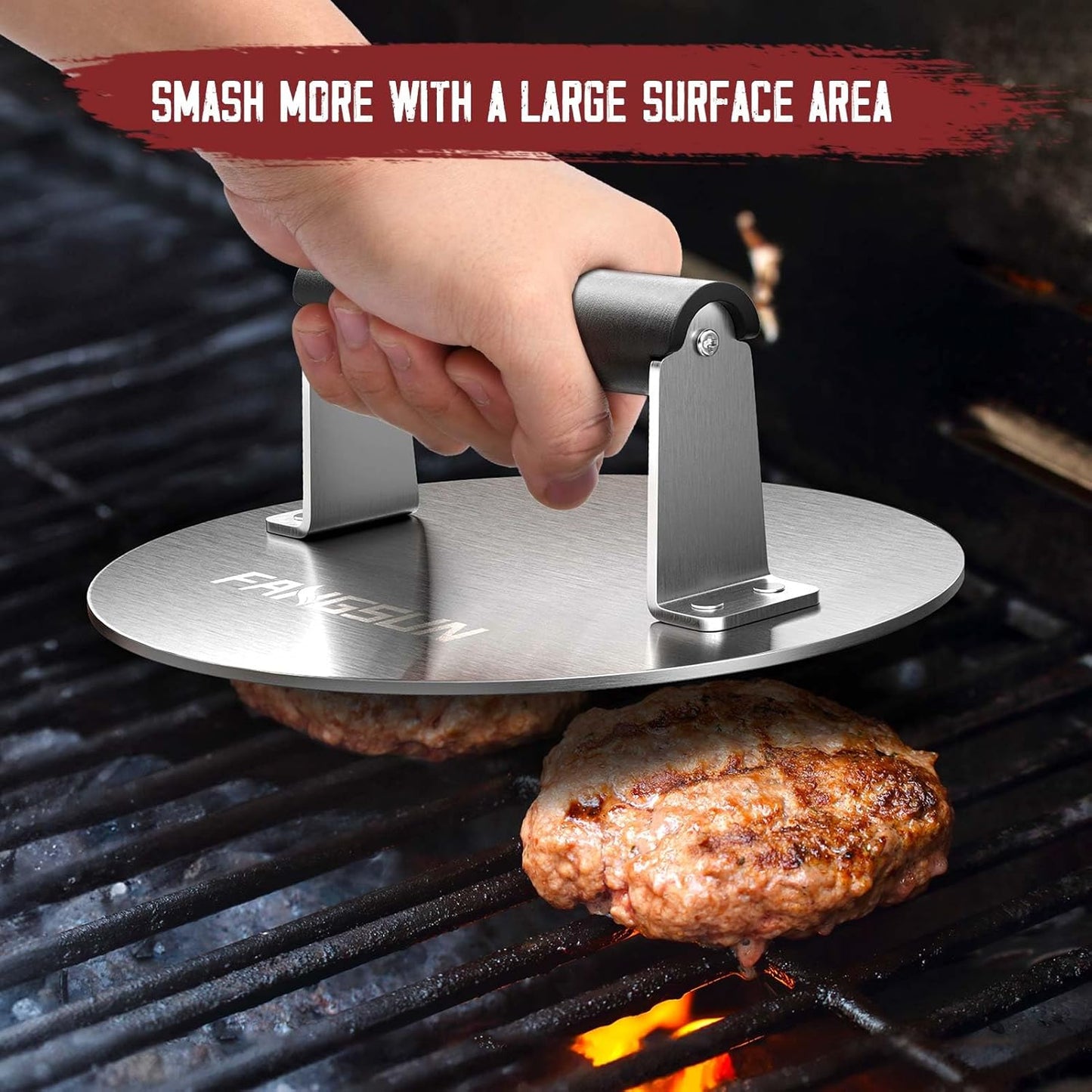 FANGSUN Bacon Press for Griddle, Stainless Steel Grill Press, 8.5-Inch Heavy-Duty Burger Press with Heat-Resistant Handle, Non Stick Hamburger Press, Weight Burger Smasher for Meat, Steak, Panini