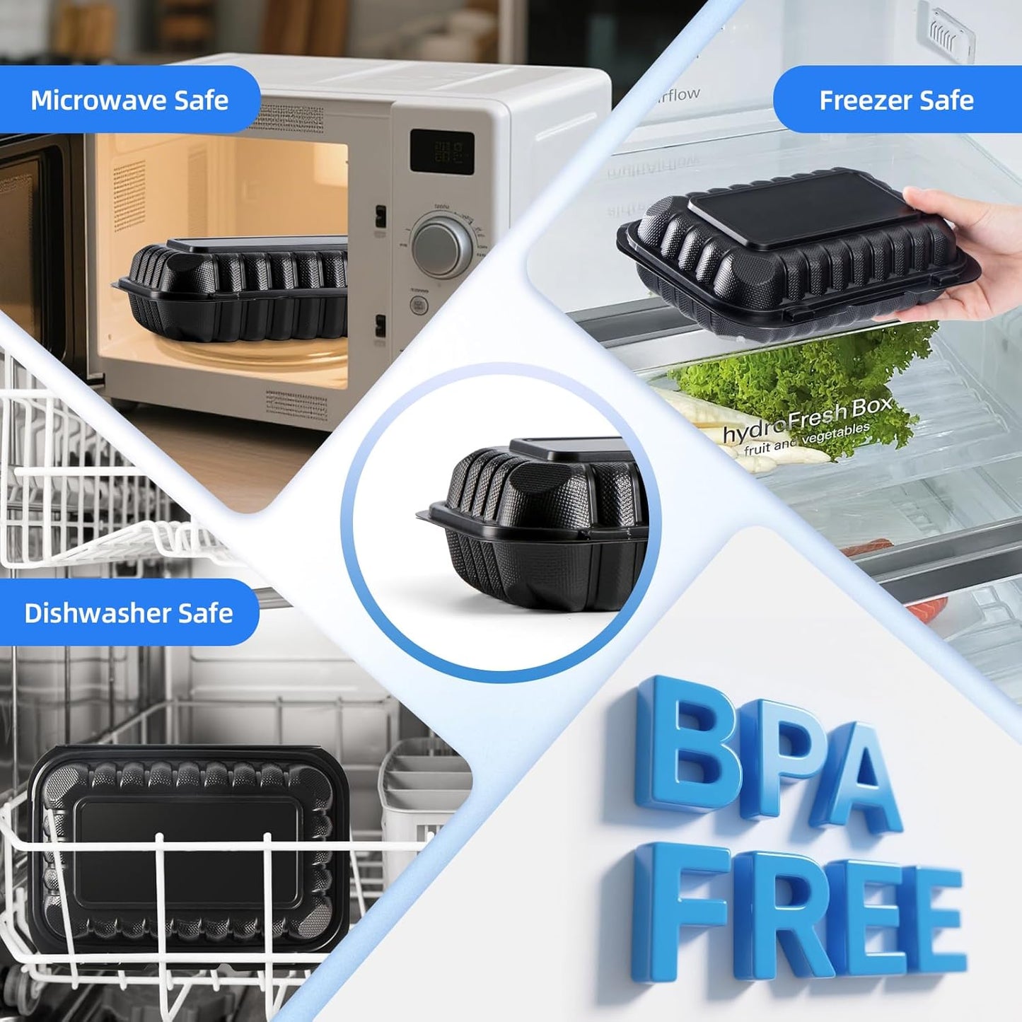 YANGRUI Takeout Containers 9x6 28 oz 50 Pack - Shrink Wrapped Mineral-Filled BPA Free PP Plastic | Reusable Heavy Duty Microwave & Freezer Safe | Restaurant Grade Black Clamshell Food Container