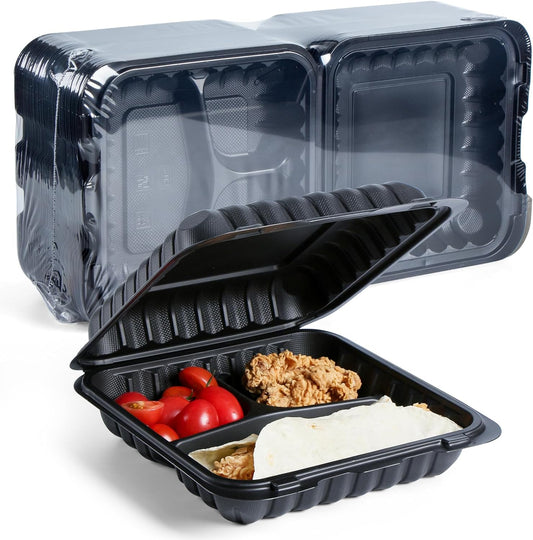 YANGRUI Food Containers Mineral Filled PP Plastic - 55 Pack 8x8 34 oz BPA Free | Shrink Wrap Microwave Safe | Reusable & Disposable Heavy Duty Clamshell Takeout | Black To Go 3 Compartment Lunch Box