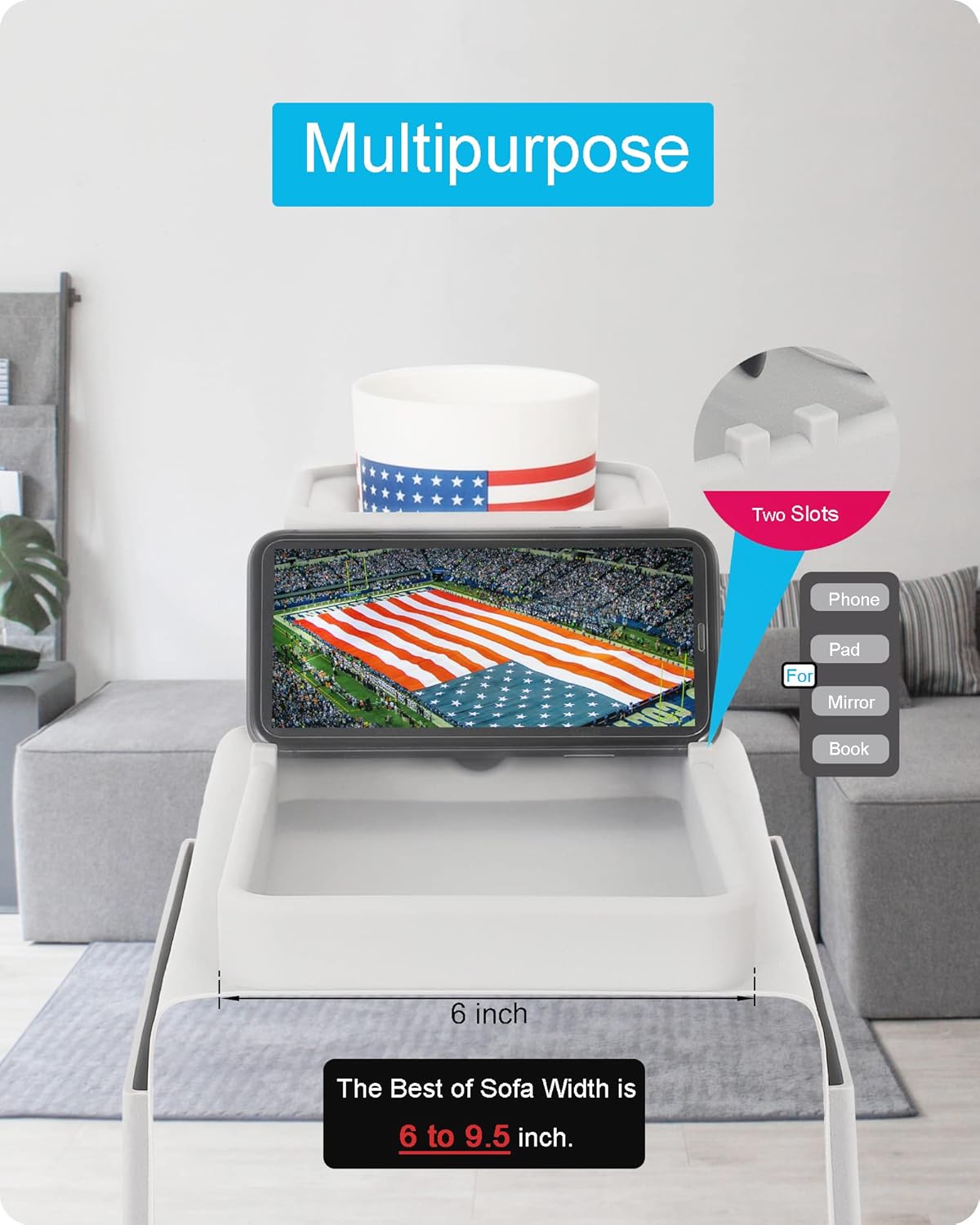 Couch Cup Holder Tray, VIENFUT Silicone Anti-Slip Sofa Armrest Tray with Side Pockets, BPA-Free Anti-Spill Couch Drink Holder for YETI, Remote, Snacks, Cellphone and iPad, Ideal Gift (Griege)