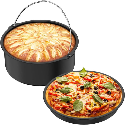 2Pcs Air Fryer Accessories, 7 Inch Air Fryer Pizza Cake Pan and Baking Cake Barrel Deep with Non-Stick Coating,Round Airfryer Baking Cake Pan Accessory Set