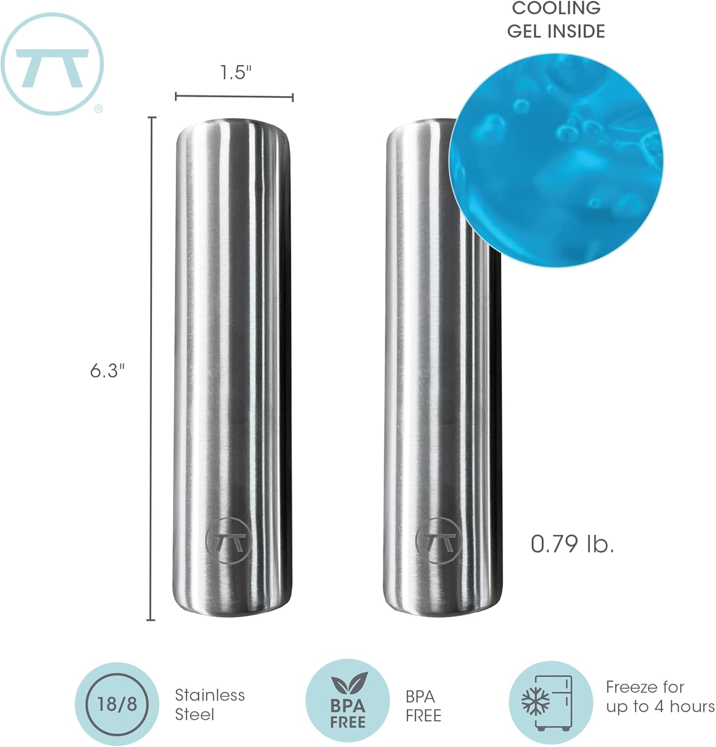 Outset Stainless Steel Cylinder Ice Packs, Set of 2 Reusable Travel Coolers, 6.3" x 1.6”