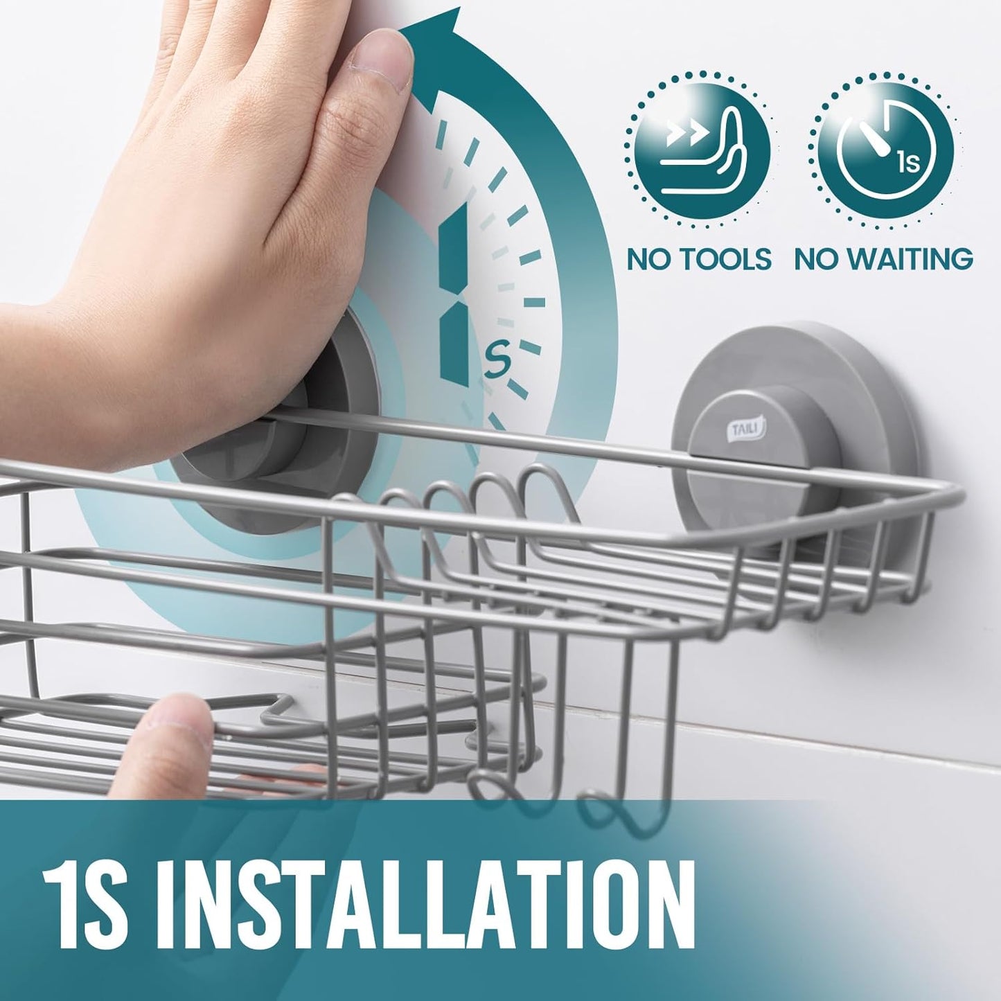 TAILI Shower Caddy Suction Cup with Hooks & Soap holder, Heavy Duty Bathroom Shower Organizer, No Drilling Shower Shelves for Inside bathroom, Metal Storage Basket-Grey