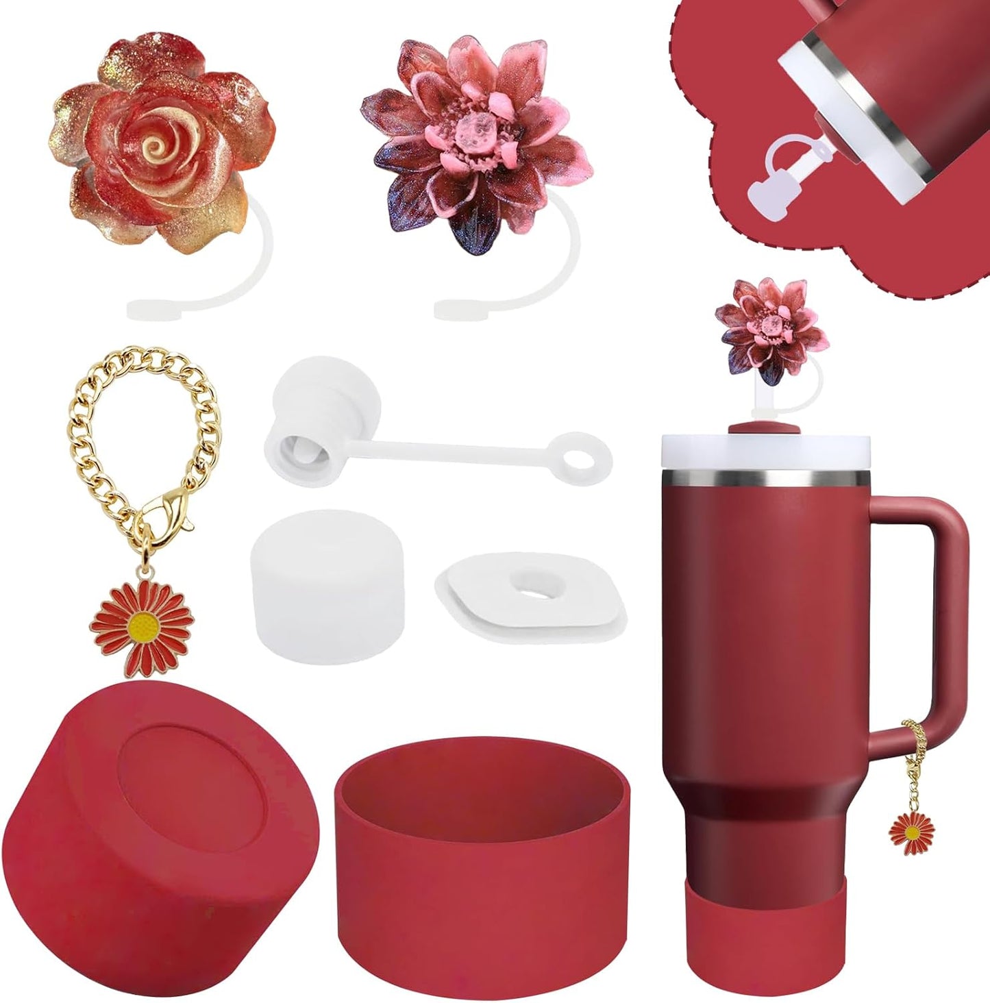 Stanley Cup Accessories Set,Including 2 Pcs 0.4in Straw Cover, 1 Silicone Spill-Proof Stopper Set of 3, 1 Cute Flower Handle Charm, 1 Silicone Boot Fits Stanley 40&30 Oz Tumbler (Cranberry)