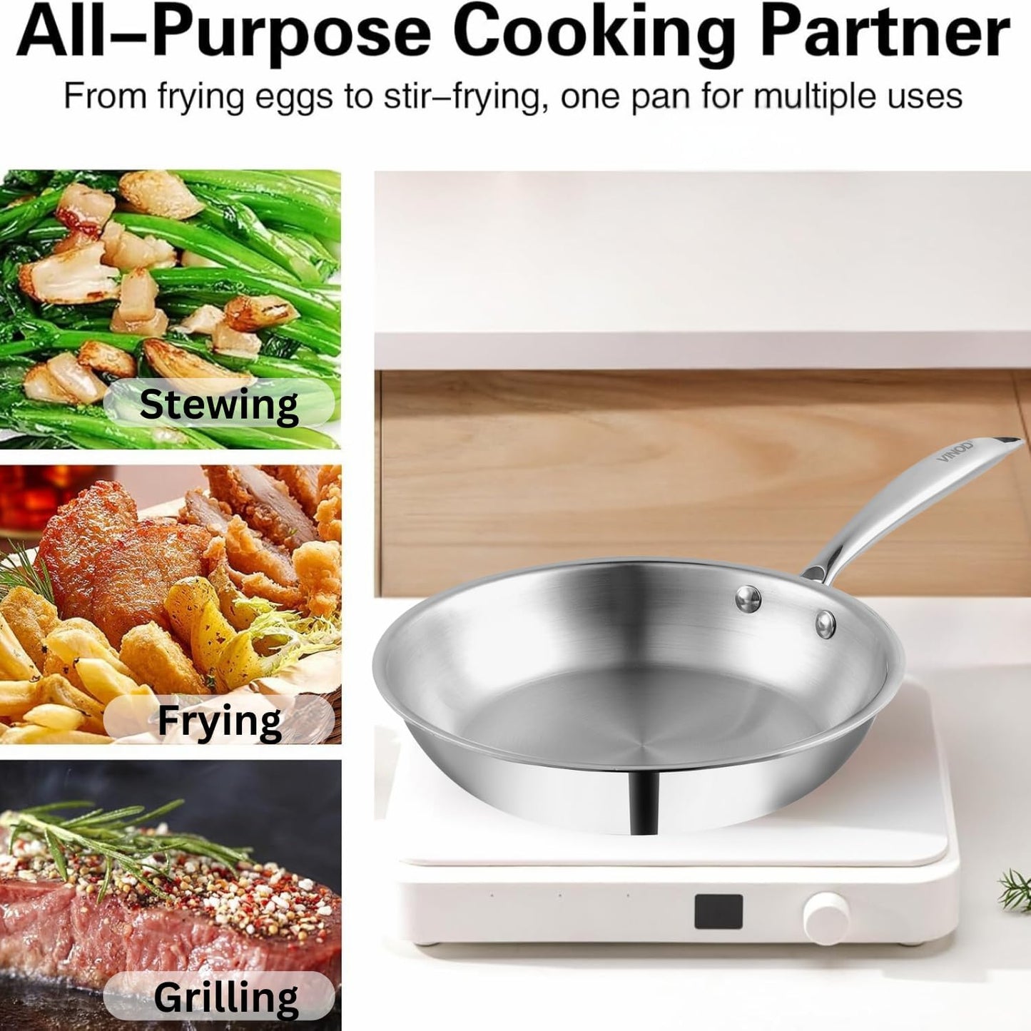 Vinod Platinum Triply Stainless Steel Frypan 24 cm | 2.5 mm Thick | Steel Pan | Scratch Resistant, Non Toxic | | Induction & Gas Friendly, Heavy Bottom