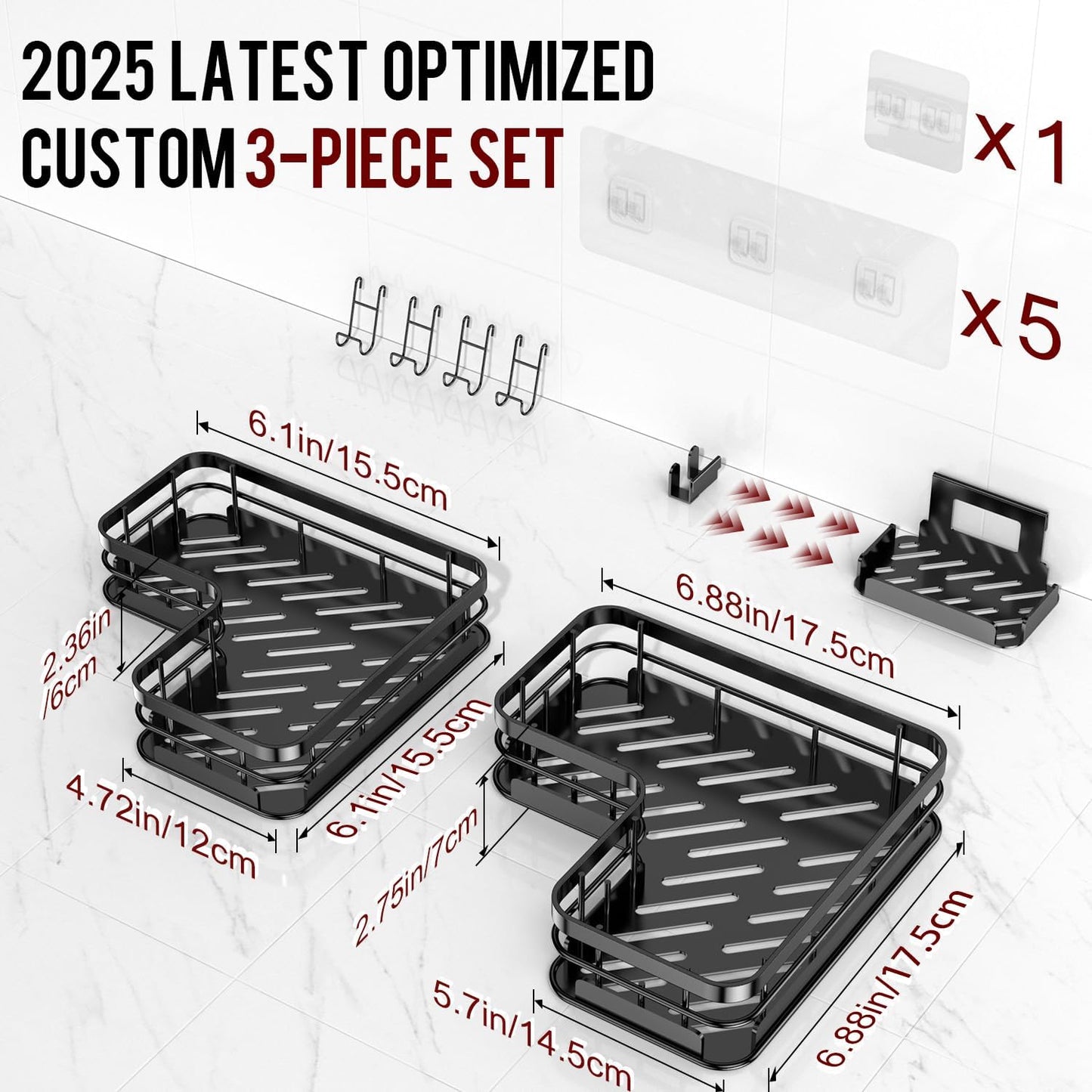 Large Capacity Shower Caddy, Heavy-Duty Adhesive Shower Organizers with Custom Aesthetic Design Soap, No Drilling Corner Shower Shelves, 5 Hooks for Bathroom Accessories - 3 Pack