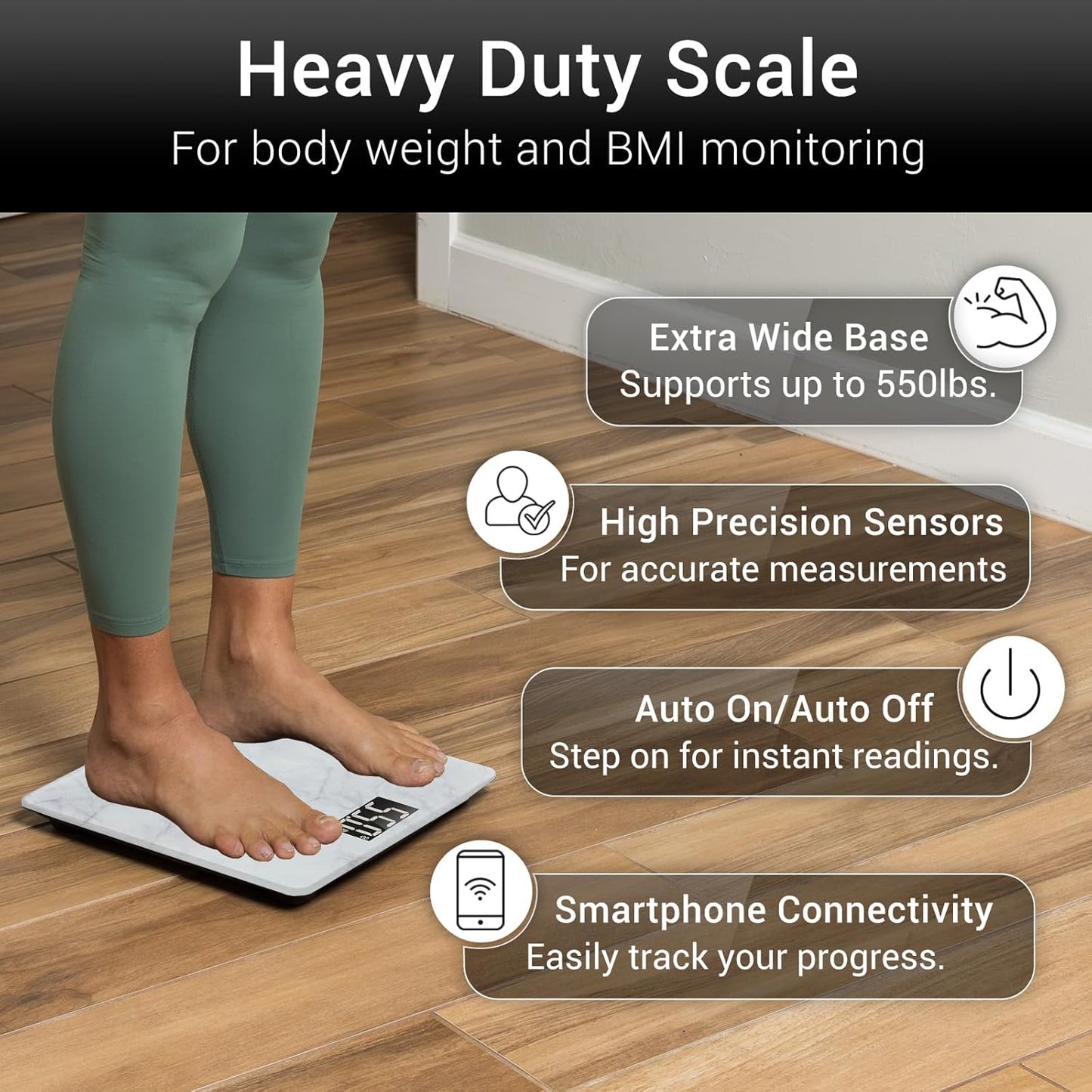 Vive Smart Body Weight Scale (500lbs Capacity) - Heavy Duty Bariatric Digital Scale for BMI - Plus Size, Large Display - Bathroom Device for Health Extra Wide Base & Smartphone Connectivity