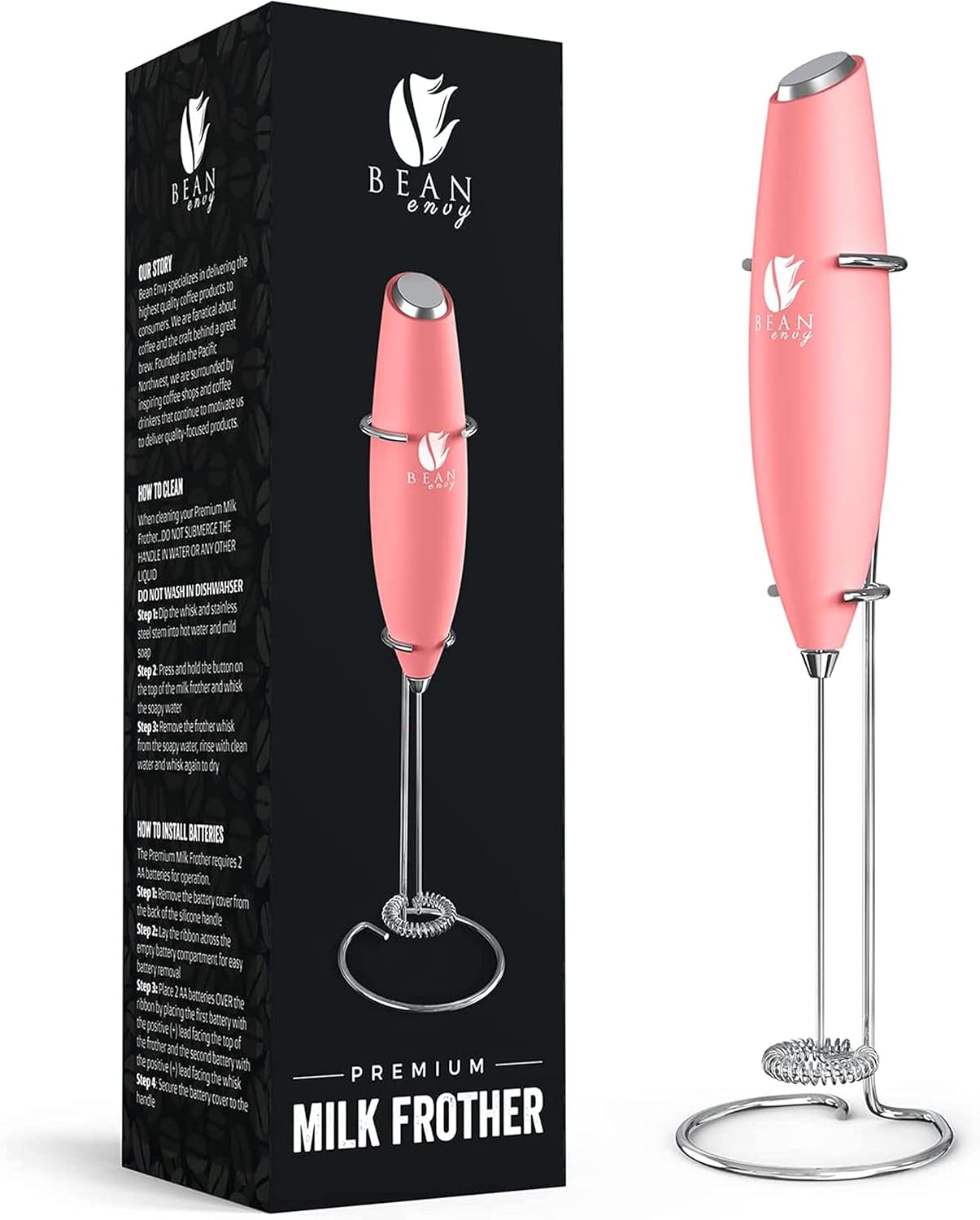 Bean Envy Milk Frother, Coffee Stirrers, Frother Wand, Milk Frother Handheld, Frother with stand, Hand Blender for Coffee, Lattes, Cappuccino, Matcha and Hot Chocolate – Kitchen Gifts - Rose Pink