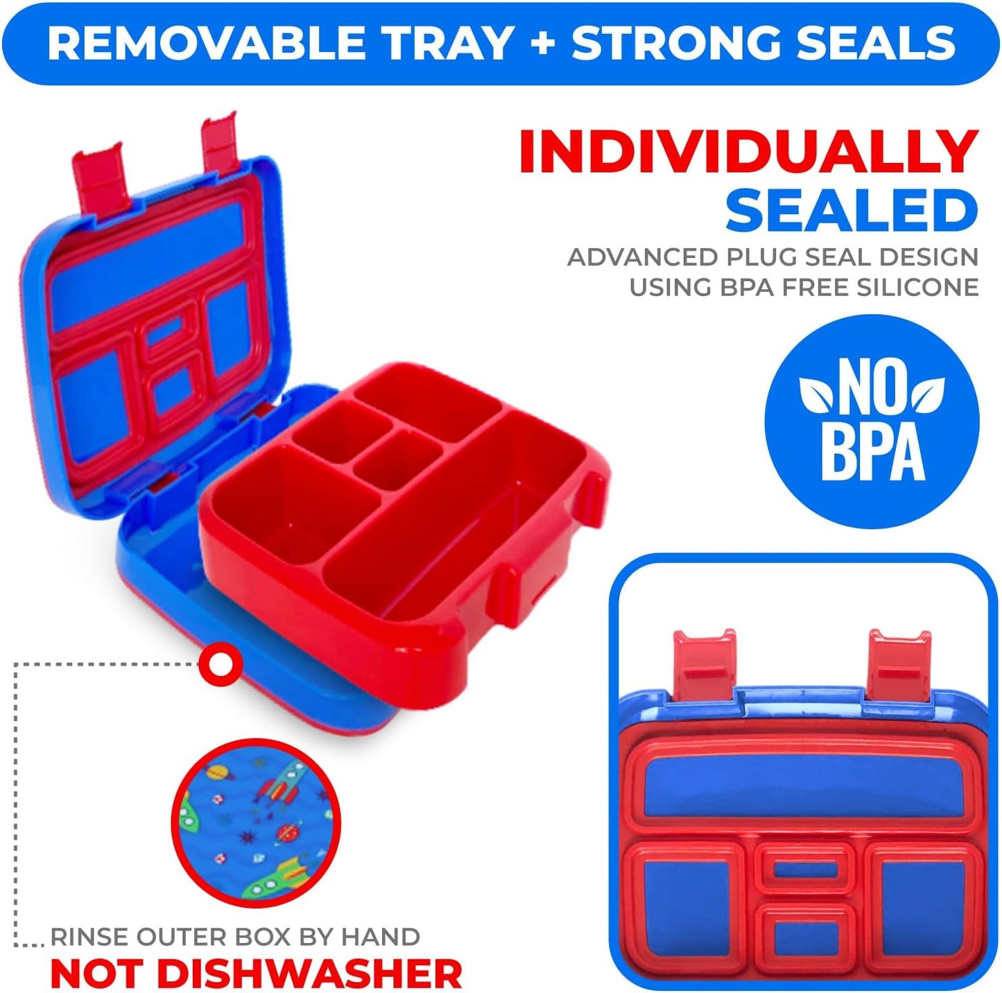 Kinsho Bento Lunch Box for Kids Toddlers, 5 Portion Control Sections, BPA Free Removable Plastic Tray, Pre-School Kid Toddler Daycare Lunches, Snack Container Ages 3 to 7 (Blue Space Rockets)