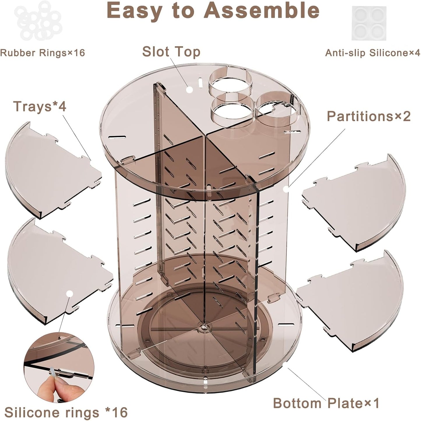 Rotating Makeup Organizer Countertop, DIY Adjustable Trays Spinning Skincare Organizers, Cosmetic Display Shelf with Perfume & Brush Holder, Multi-Function Desk Storage Carousel for Vanity Bathroom
