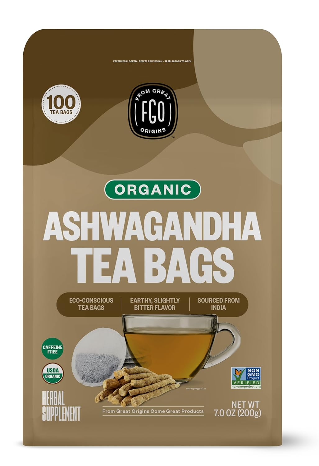 FGO Organic Ashwagandha Tea, 100 Count, Eco-Conscious Herbal Tea Bags, Resealable Bag, Caffeine Free, Packaging May Vary (Pack of 1)