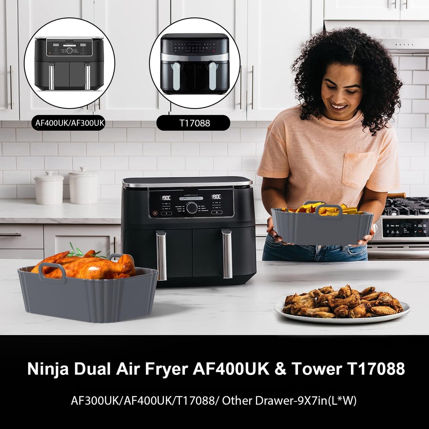 Silicone Air Fryer Liners 2 Pack, Reusable Compatible for Ninja Foodi DZ201, DZ401, DZ550, COSORI, Chefman, Instant, and 6-in-1 8-10QT Baskets