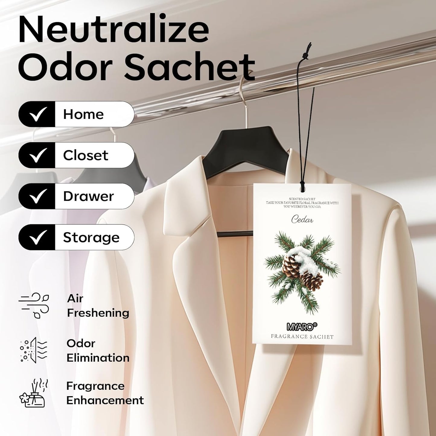 MYARO 12 Packs Cedar Scented Sachets for Drawer and Closet, Fresh Scents Drawer Deodorizers Long Lasting Air Freshener for Home Car House Fragrance